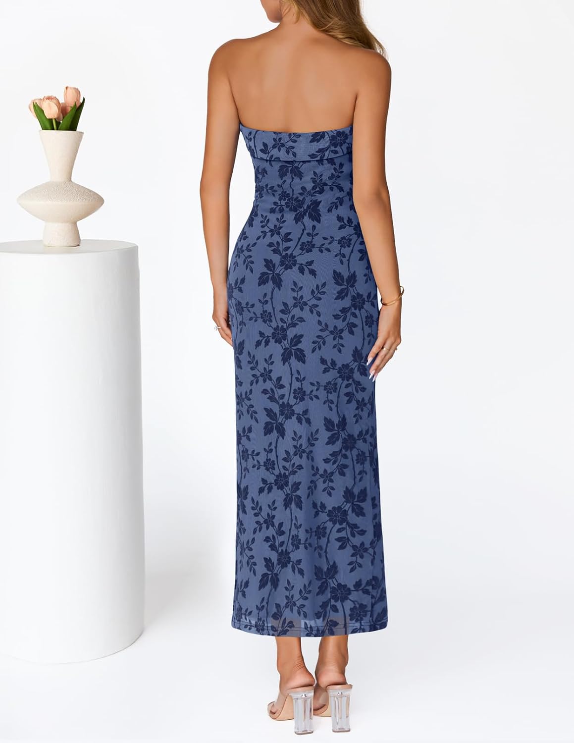 Thumbnail 4 de MEROKEETY Floral Jacquard Mesh Maxi Dress with Strapless Tube Top