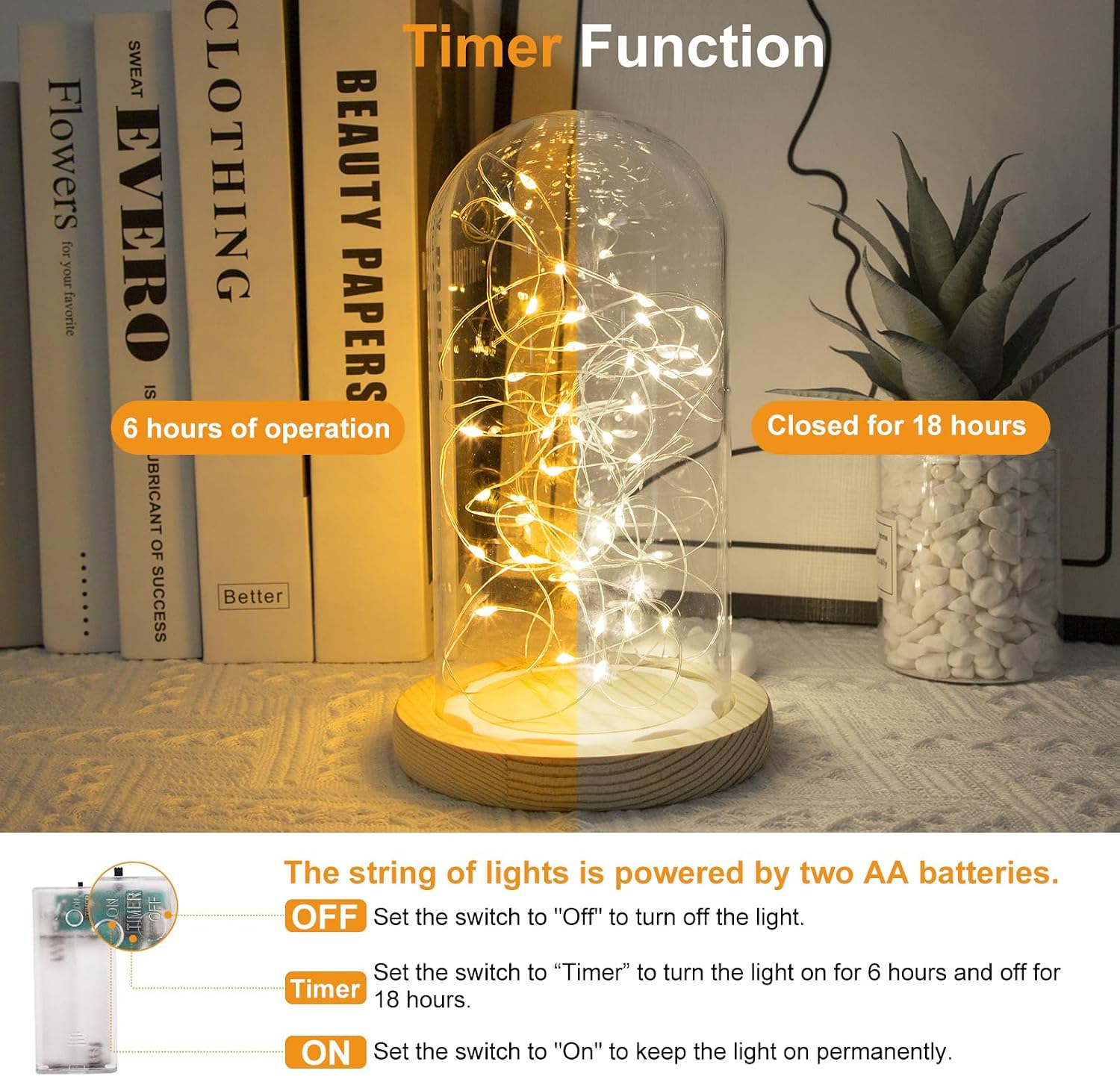 Detalle de AdalyRoma HT-TXD-3M mini-lichtsnoeren, set van 6, 3 m, 30 warmwitte leds en timer