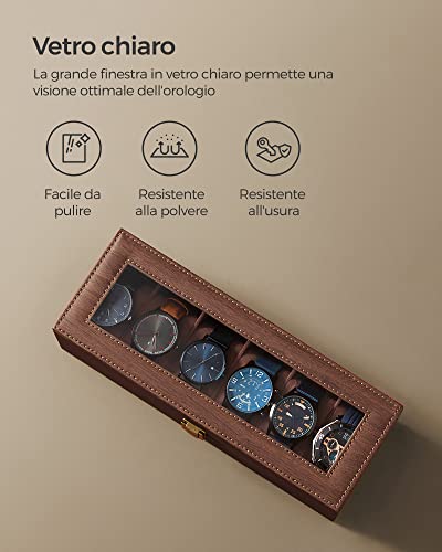 Detalle 2 de SONGMICS Porta Orologi a 6 Posti JWB006K01 – Scatola Portaorologi in PU Marrone con Coperchio in Vetro
