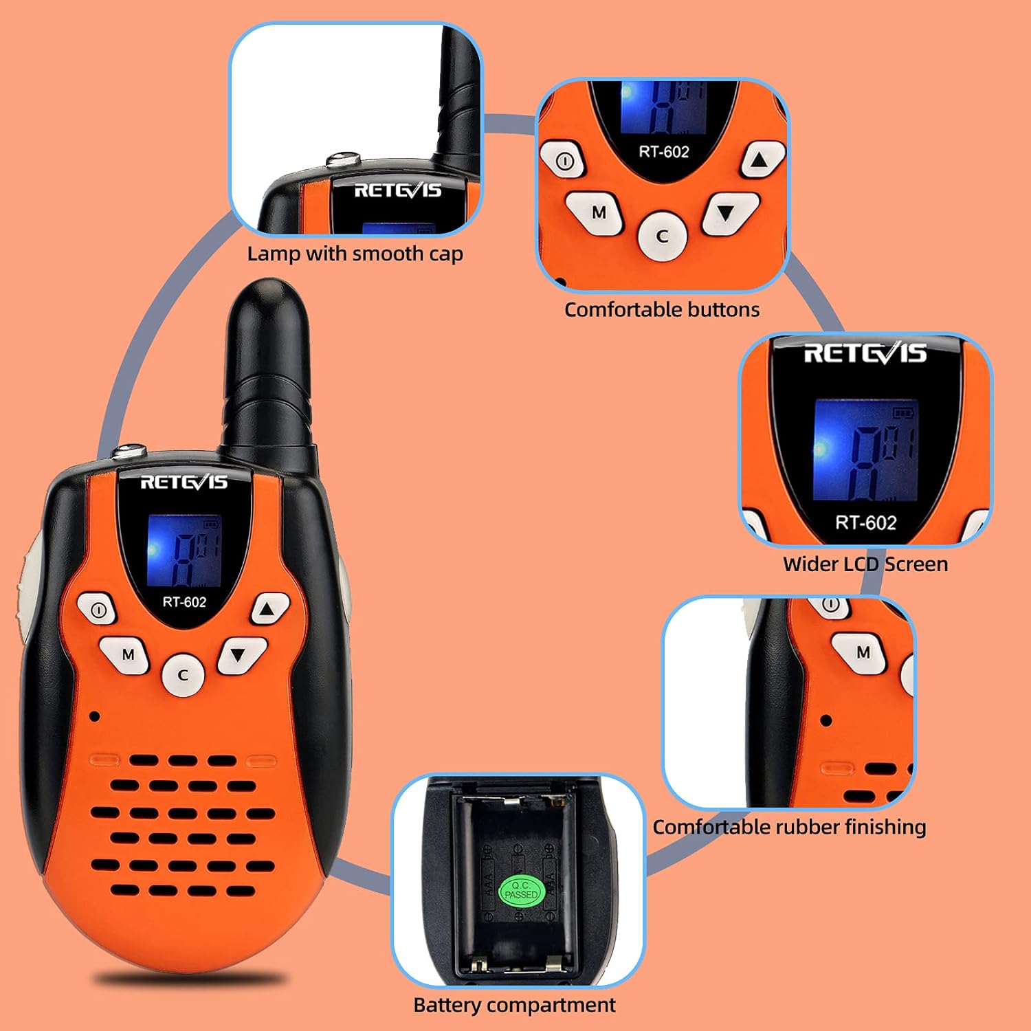 Detalle de Retevis RT602: Walkie Talkie per bambini ricaricabile con torcia, VOX e 8 canali (2 pezzi, arancione)