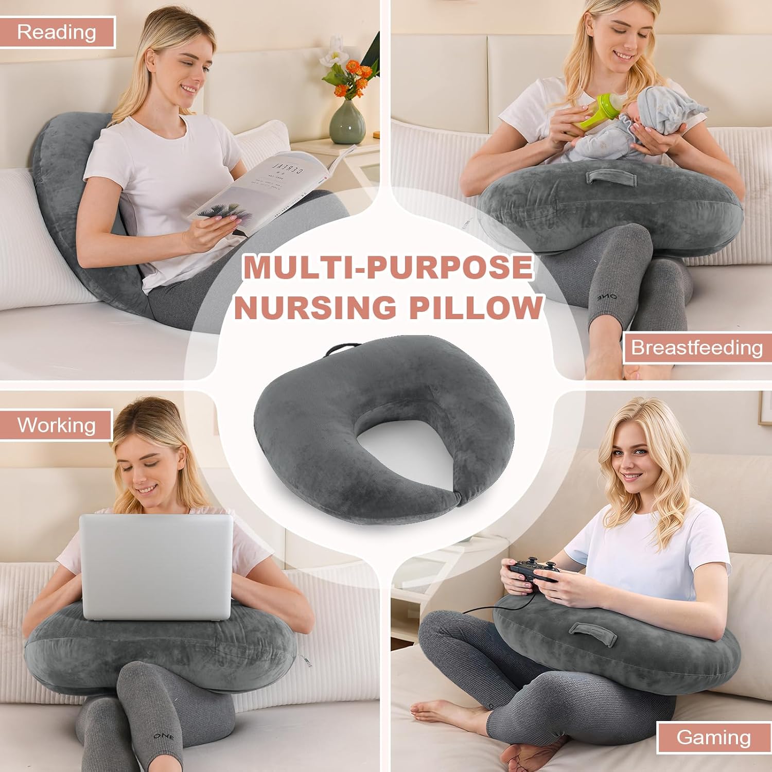 Thumbnail 1 de JOVELL Stillkissen – ergonomisches Multifunktionskissen zum Stillen, Lagern und Stützen (Samt, Grau)