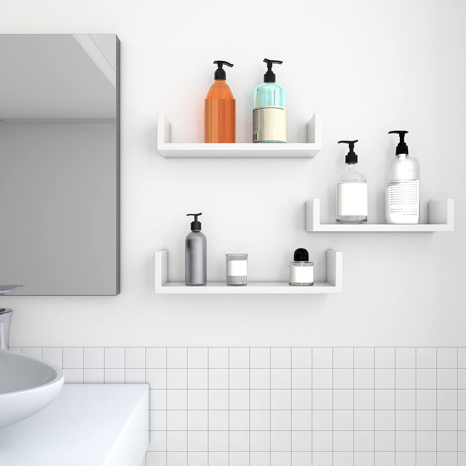 Detalle de SONGMICS LWS40WT Floating Wall Shelves, Set of 3, White Gloss Finish