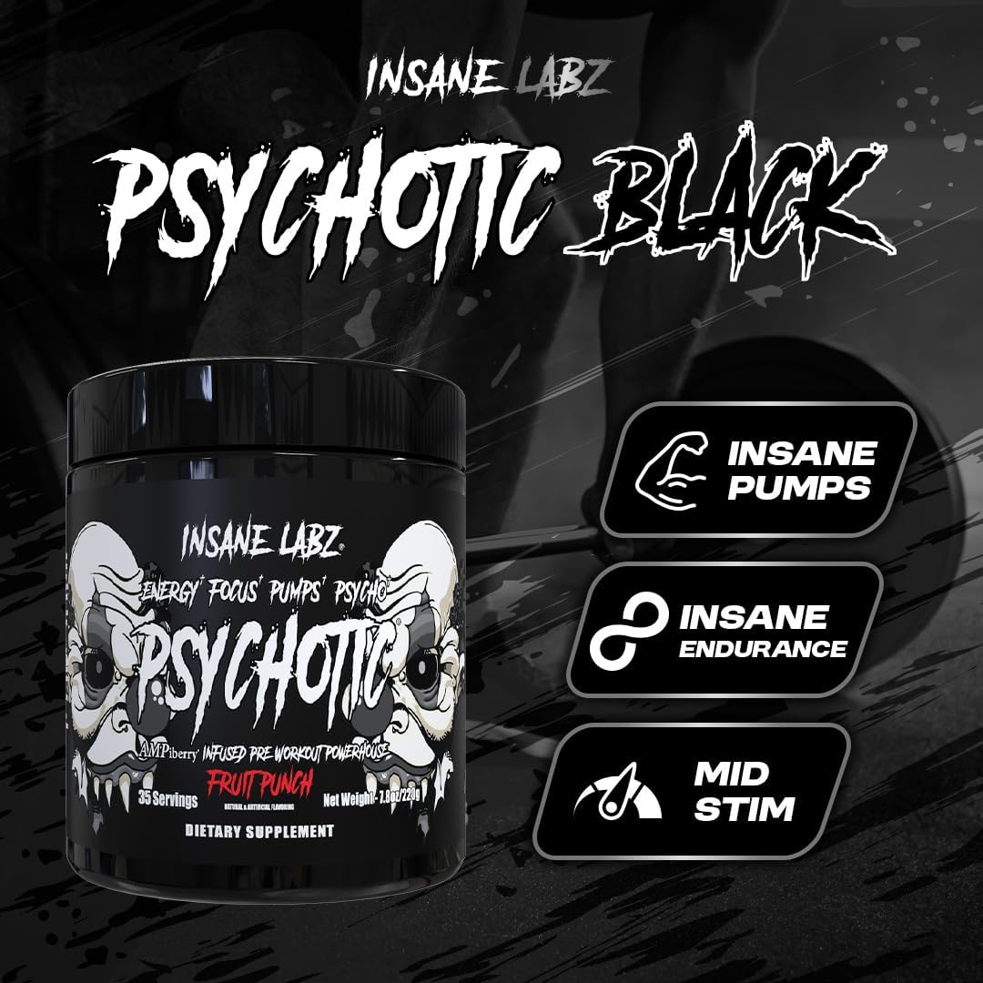Detalle de Insane Labz Psychotic Black Edition Mid-Stimulant Pre-Workout Powder, Gummy Candy, 35 Servings