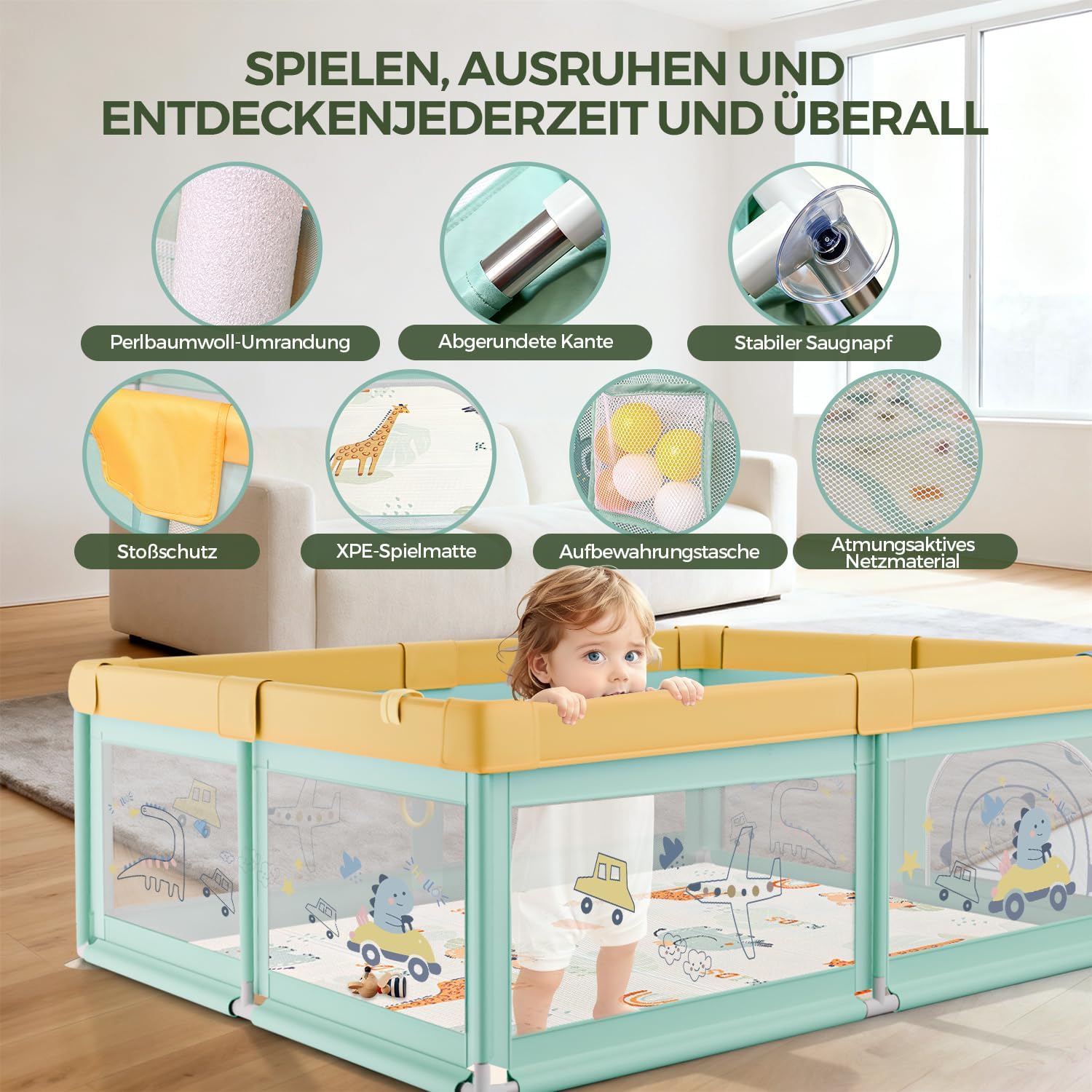 Detalle 2 de SOFTHOM Box Bambini 180x200 con Tappeto: recinto sicuro e versatile per gioco e movimento