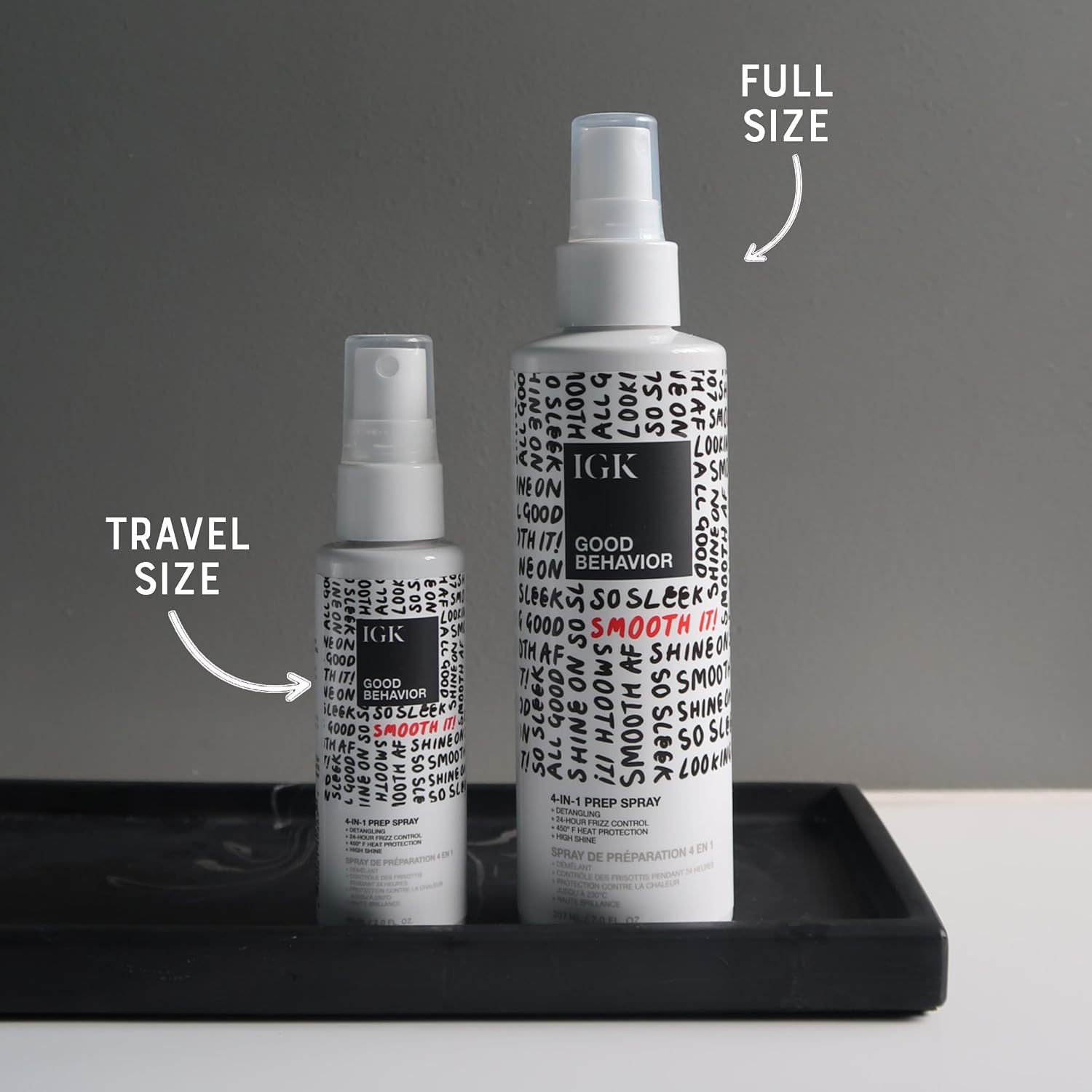 Detalle de IGK Good Behavior 4-in-1 Prep Spray (Full + Travel) — detangles, fights frizz, heat protection & shine