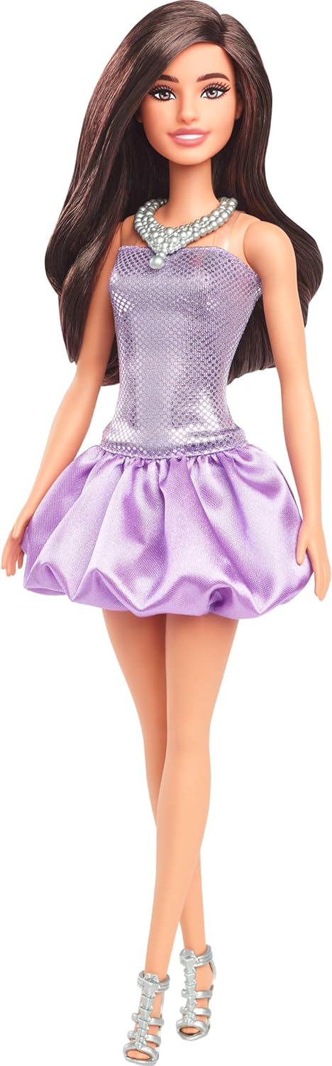 Detalle de Barbie Fashionistas Doll #234 (HYT92) with Brown Hair in Purple Sequined Bubble Dress