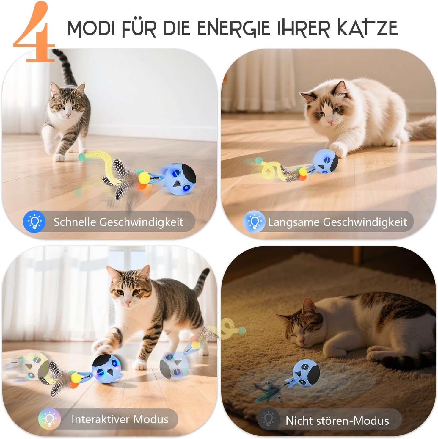 Detalle de Zeepet Katzenspielzeug Ball – Interaktiver, berührungsempfindlicher Katzenspielball mit Vogel‑Schwänzen