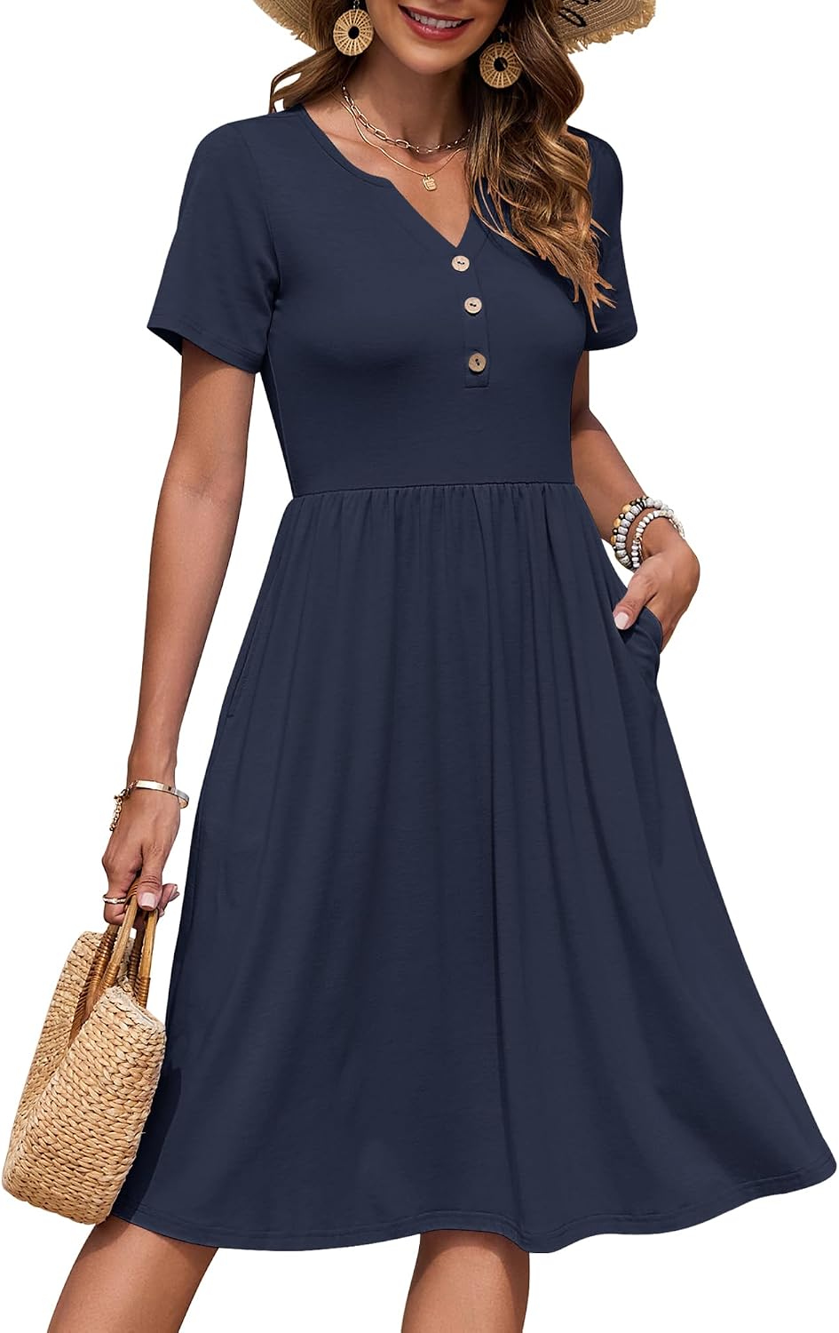 Detalle de AUSELILY Damen Kurzarm Sommerkleid knielang mit V-Ausschnitt und Knöpfen – leichtes Freizeitkleid mit Taschen