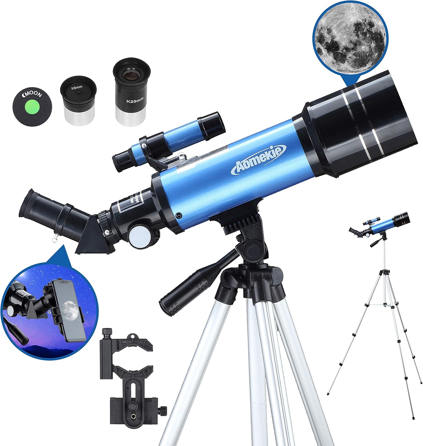 AOMEKIE telescopio astronomico 70 mm con lunghezza focale 400 mm, oculari K6/K25 e supporto telefono