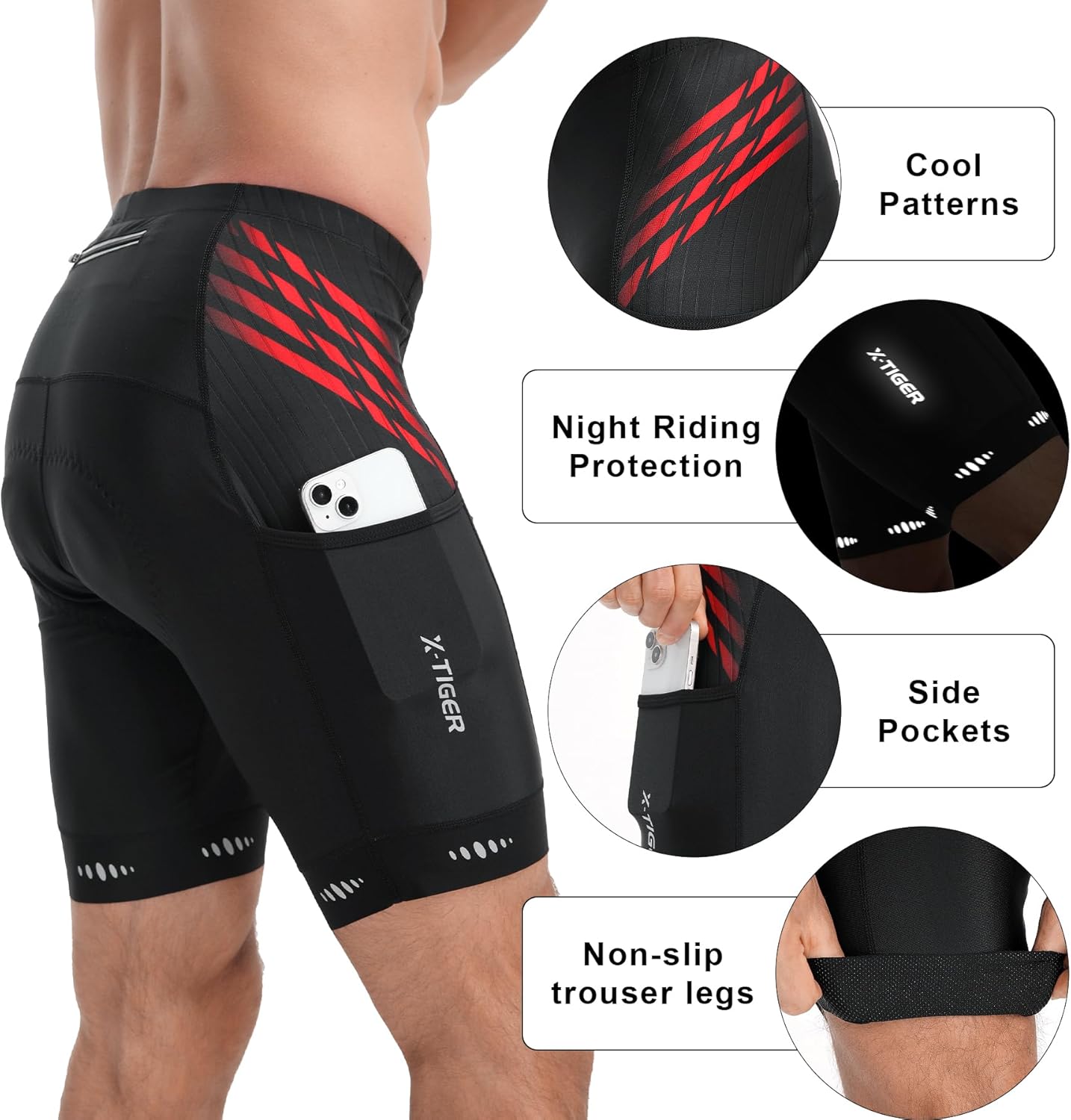 Thumbnail 3 de X-TIGER Radlerhose Herren mit 5D Gel-Polsterung, atmungsaktiv & schnelltrocknend, kurz mit 3 Taschen