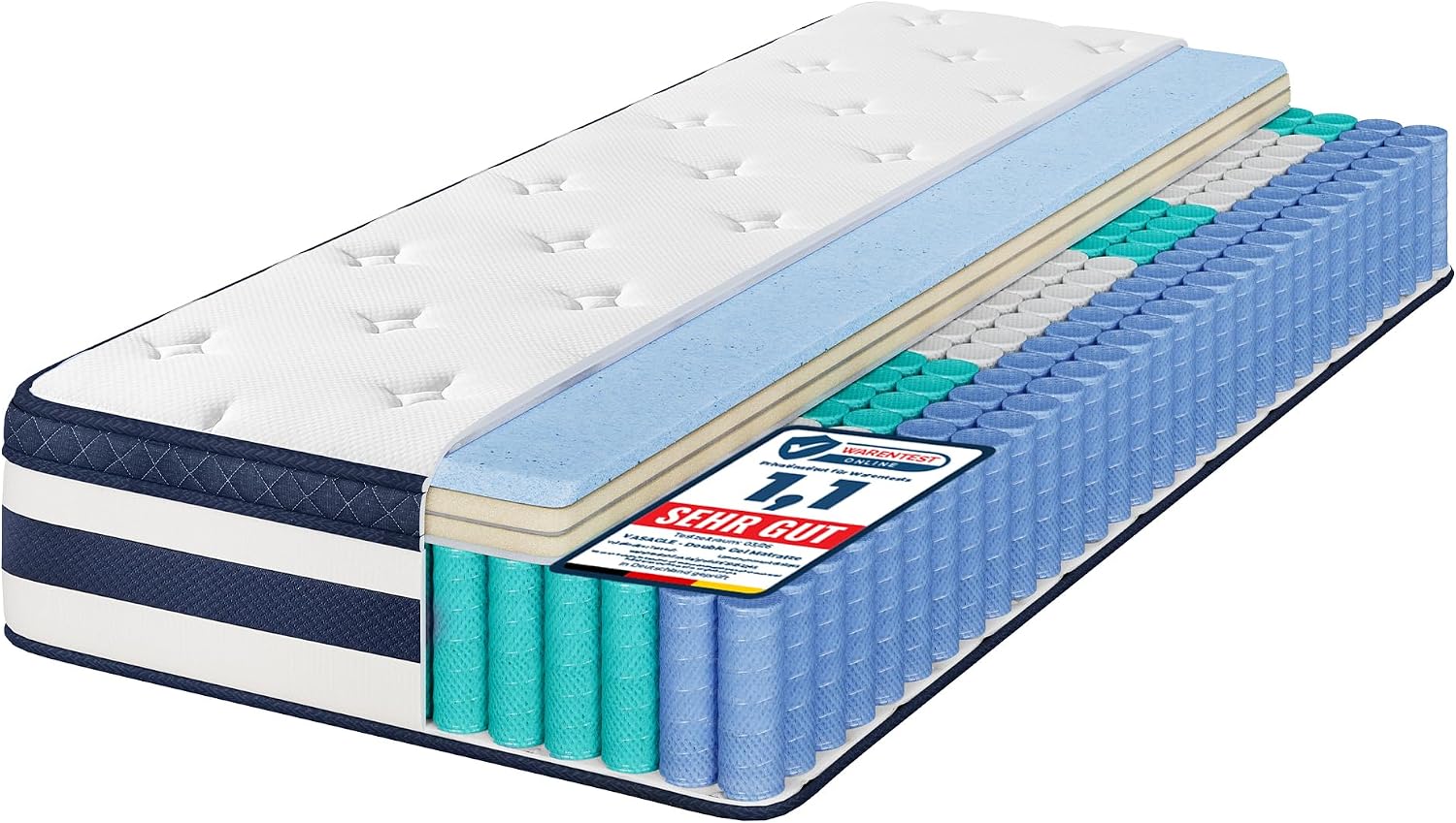 Detalle de VASAGLE Matratze RMZ232Q101 – 90 x 200 x 25 cm, Taschenfederkern mit Gel-Memory-Schaumstoff, 7-Zonen, mittelfest