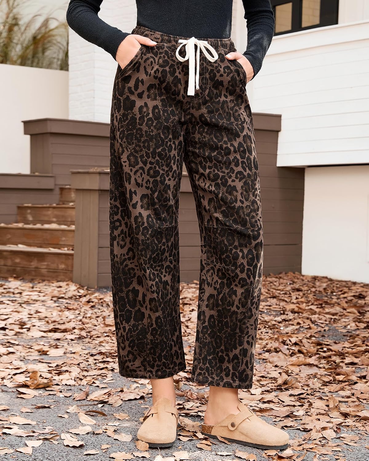 Detalle de GRAPENT Barrel Jeans for Women: High-Waisted Pull-On Leopard Cropped Wide-Leg Denim