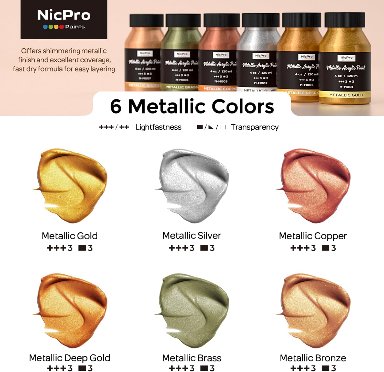 Thumbnail 1 de Nicpro Acrylic Paint Metallic 6-Colour Set (Gold, Silver, Copper, Brass, Bronze, Deep Gold) – 24oz / 720ml