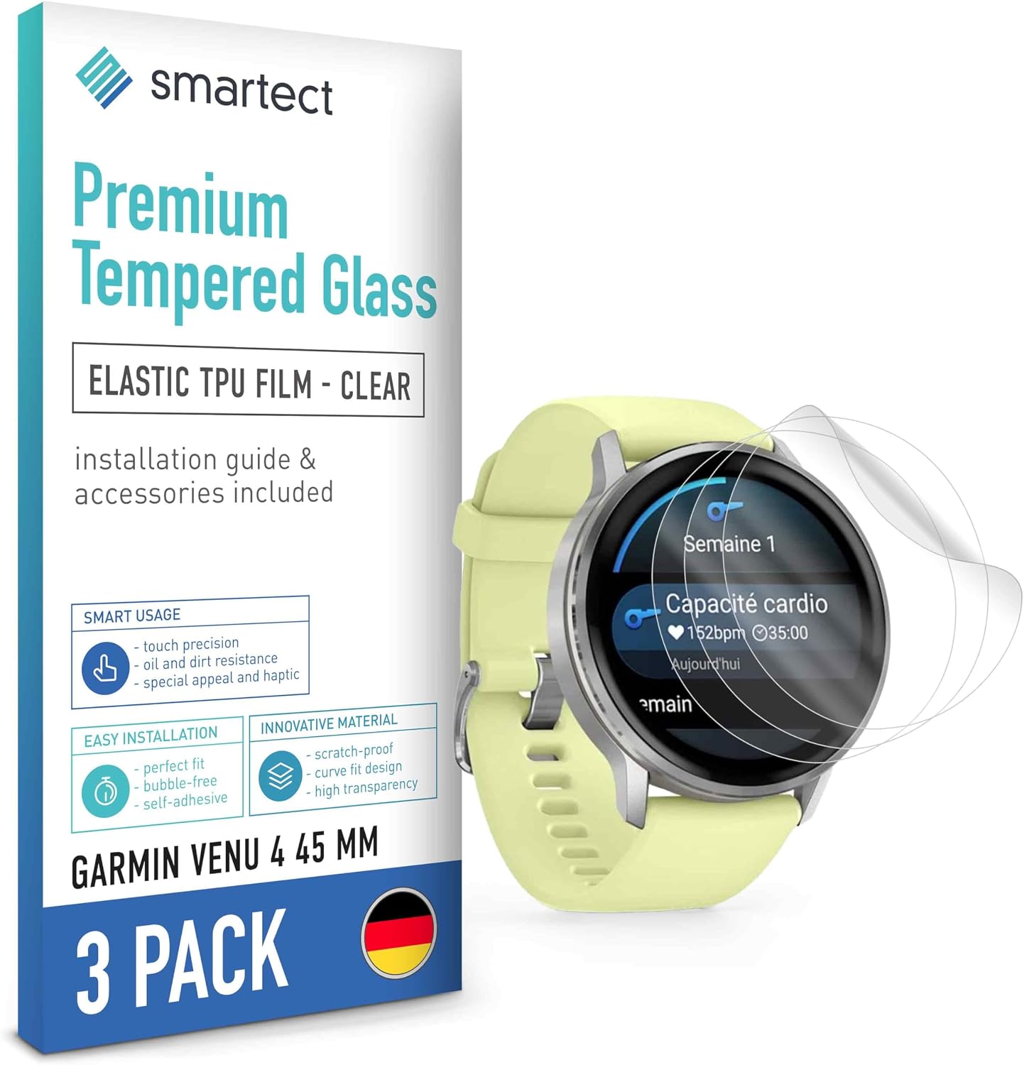Detalle de SmarTect 3Pack_TPU_Garmin_Venu_4_45mm TPU Screen Protector, 3-Pack