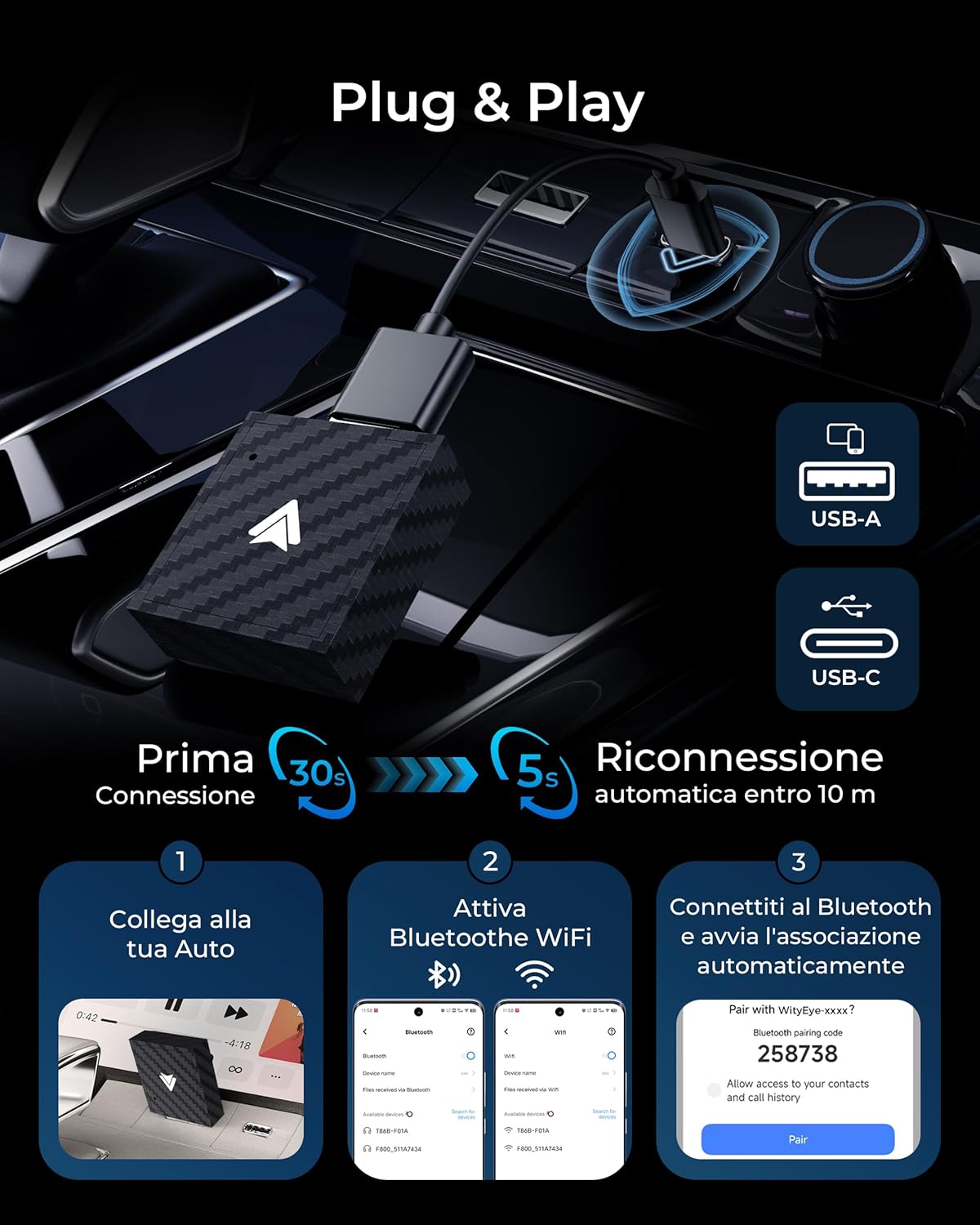 Thumbnail 3 de WityEye Adattatore Android Auto Wireless, AA Wireless per Android 11+ – USB, Bluetooth 5.3, WLAN 5.8 GHz, Bianco