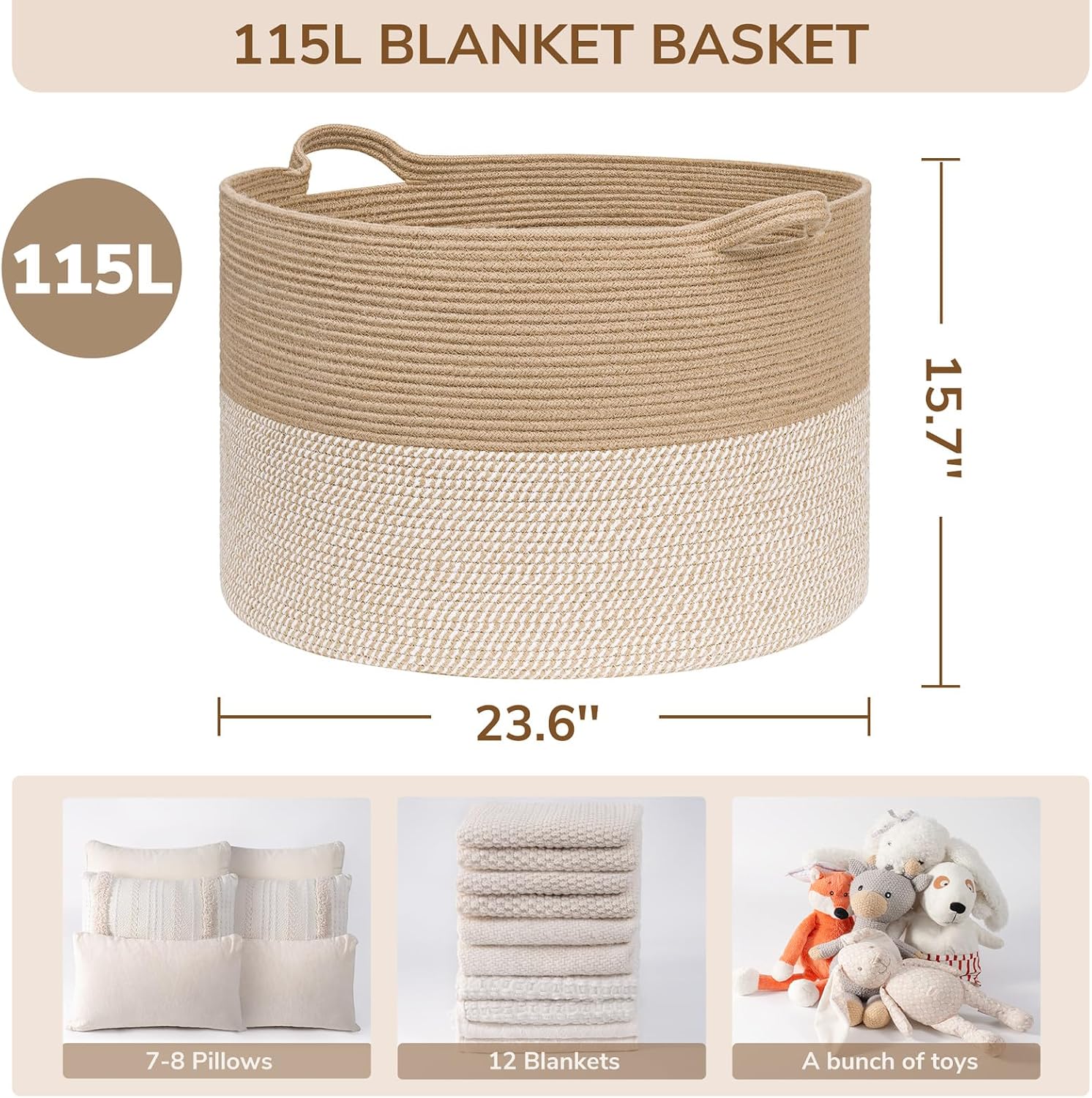 Thumbnail 1 de INDRESSME 115L Extra-Large Woven Storage Basket, White & Jute, Collapsible