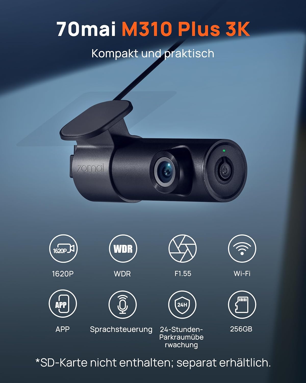 Thumbnail 1 de 70mai M310 Plus 3K Mini Dash Cam mit 1620P, WDR/WiFi & 24h Parküberwachung