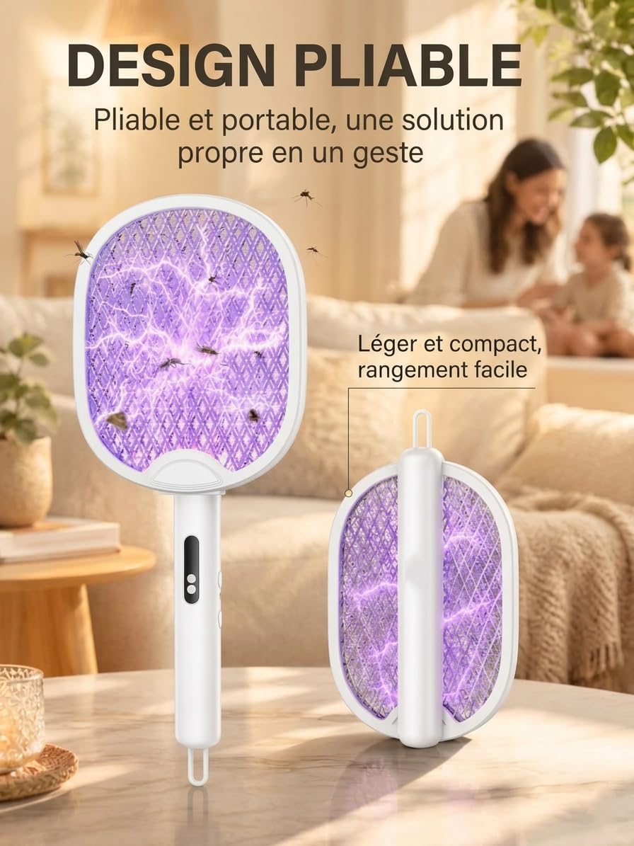 Detalle de WOCVRYY Raquette Moustique Électrique – 4000V, 1800mAh, 3 Modes, Rétractable 180°