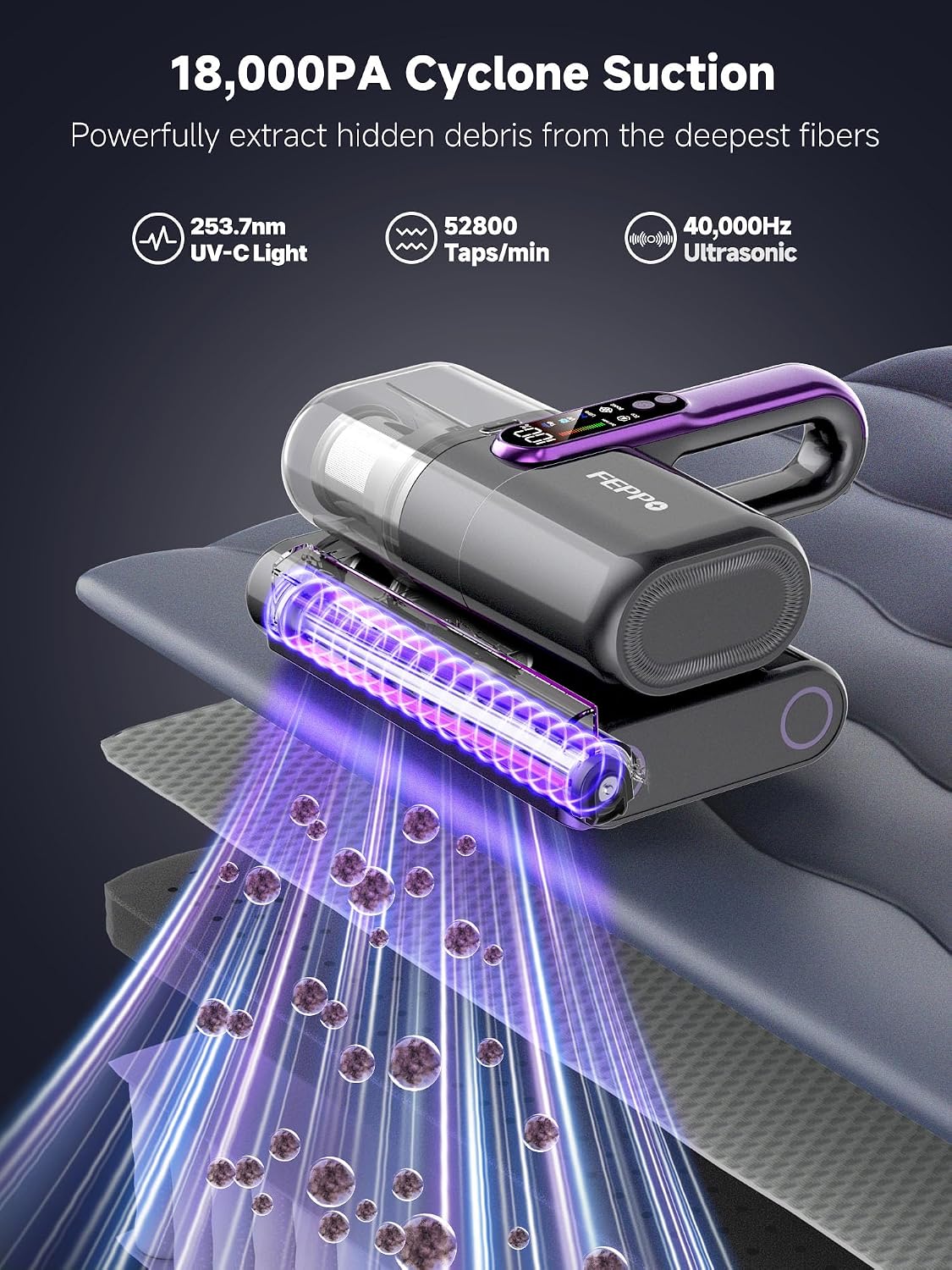 Detalle 2 de FEPPO Cordless Mattress Vacuum Cleaner, 18 kPa Suction