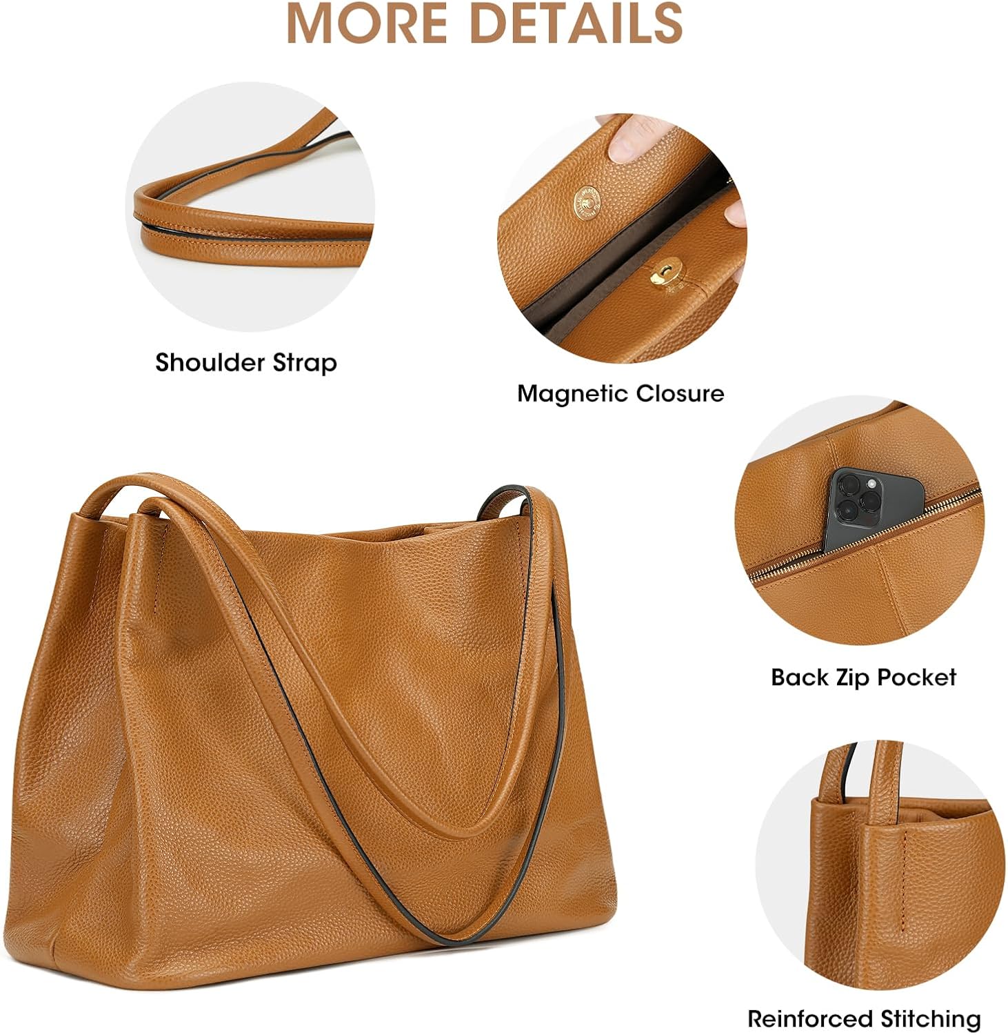 Detalle 2 de Kattee sac fourre-tout en cuir véritable souple pour femme – pratique et élégant