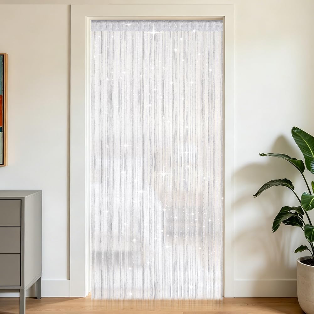 Detalle de OFFCUP zasłona sznurkowa na drzwi 100 × 200 cm, biała, z połyskującą nicią
