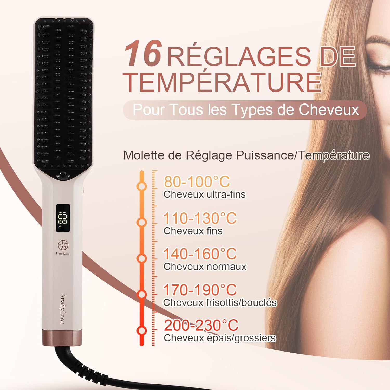 Detalle de AraSyleon Brosse Lissante Ionique – Brosse Chauffante avec Poils en Céramique, 16 Températures (80-230°C), Double Énergie
