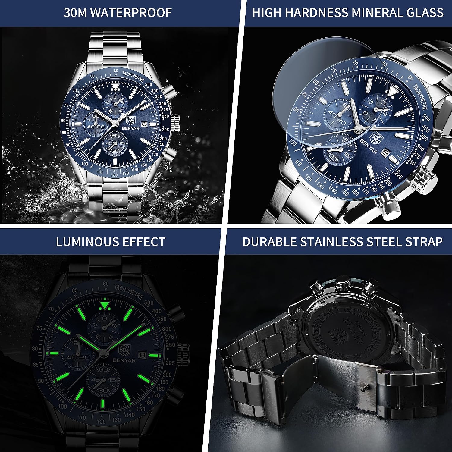 Detalle de BENYAR Herrenuhr Analog Quartz Chronograph – 45 mm, Lederband, 30M Wasserdicht