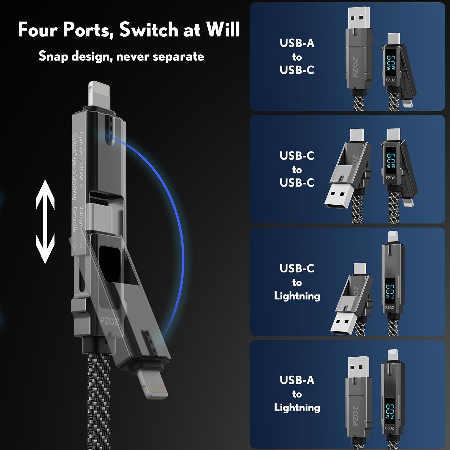 Detalle 2 de PZOZ 4-in-1 60W LED USB Cables for charging