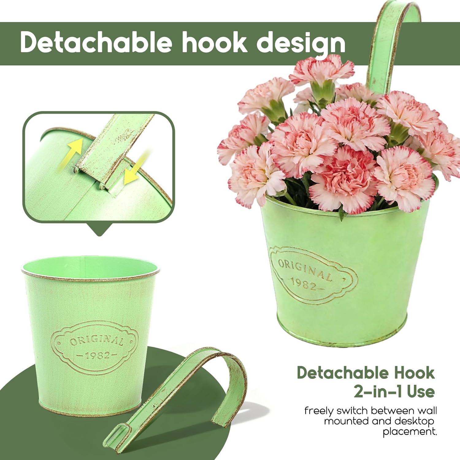 Detalle de CITÉTOILE 4er Set Hängender Blumentopf – Vintage-Style, verzinktes Metall, mit abnehmbarem Haken