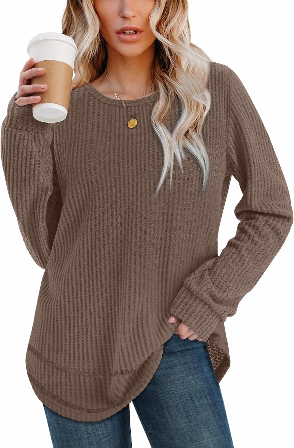 Detalle 2 de WIHOLL Women's Waffle Knit Tunic Top, Long Sleeve, Curved Hem