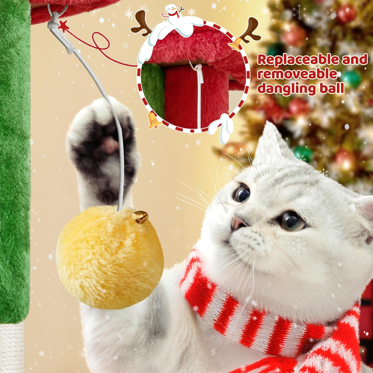 Thumbnail 6 de Yaheetech Christmas Themed Cat Tree Tower for Kittens (Red/Green) with Scratch Post, Plush Condo & Dangling Ball