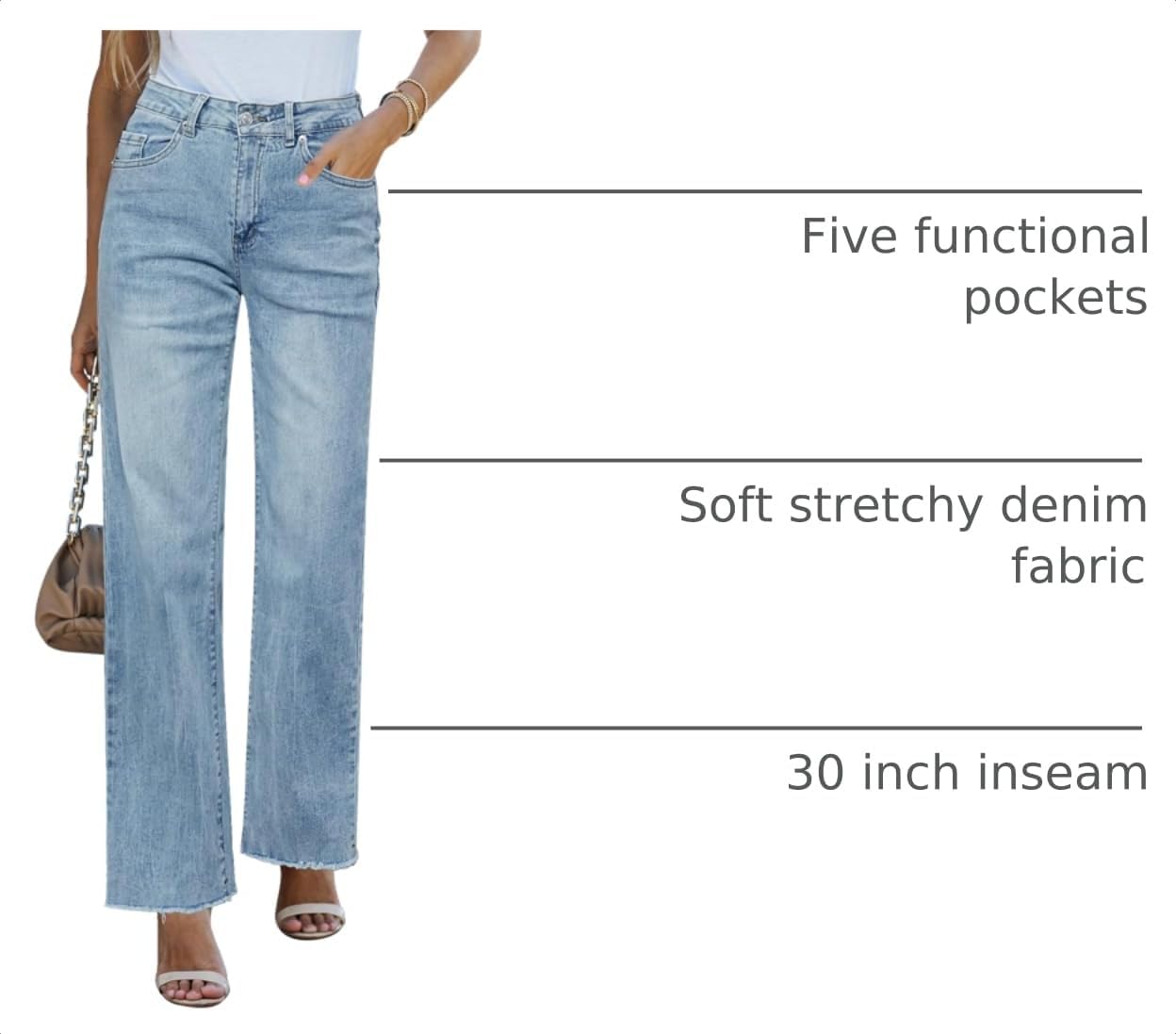 Detalle 2 de GRAPENT High-Waisted Straight Leg Jeans for Women with Stretch & Frayed Raw Hem