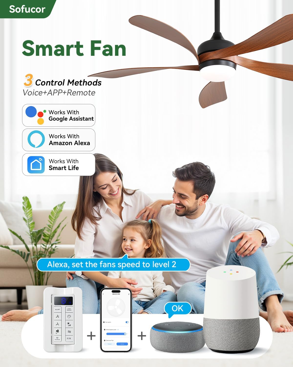 Detalle 2 de Sofucor 52" Smart Ceiling Fan with Lights and Remote — Alexa/Google Compatible, 6-Speed DC Motor, Indoor/Outdoor