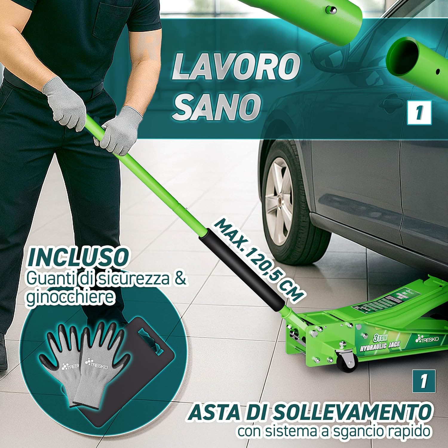 Thumbnail 3 de TRESKO Cric idraulico 3T con doppio pistone, sollevamento 75–510 mm e ruote a 360°