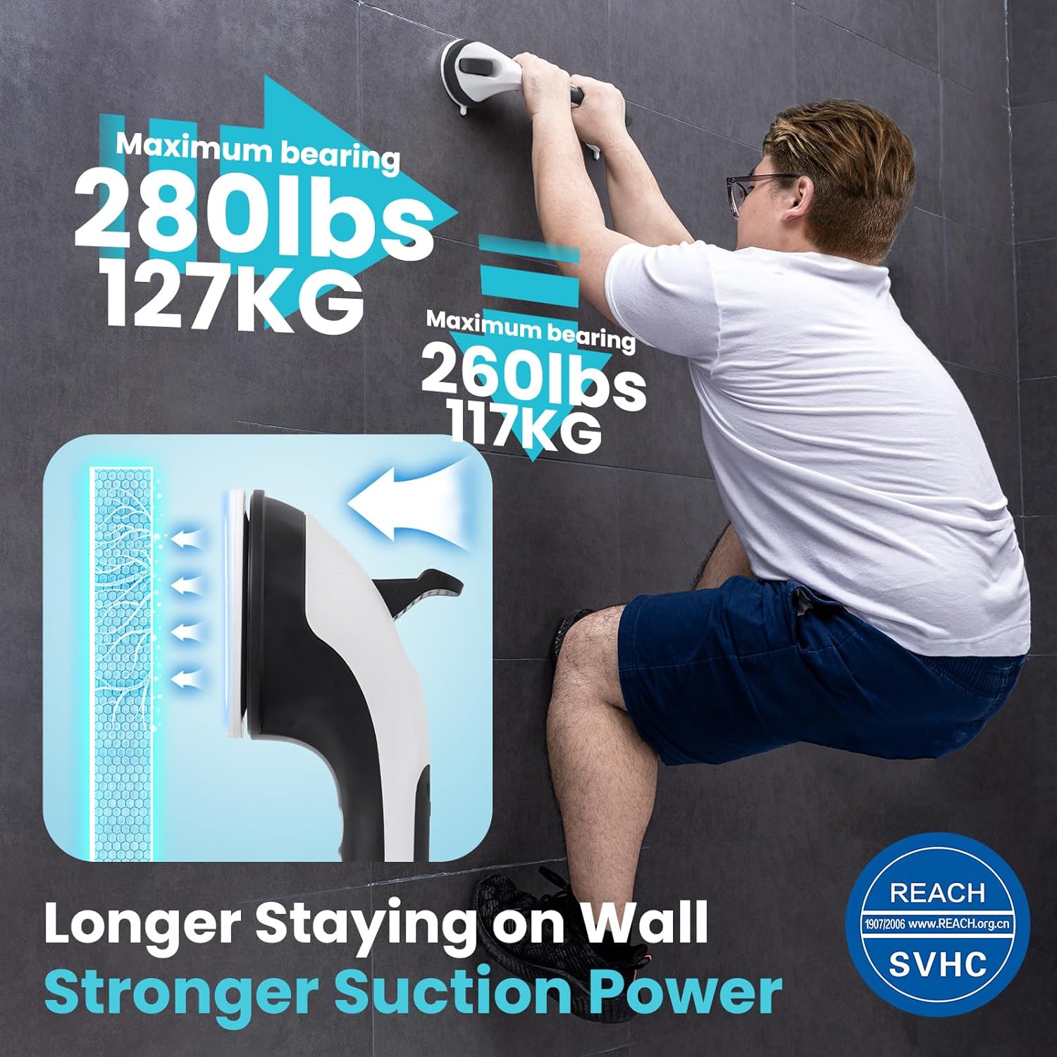 Thumbnail 1 de TAILI Haltegriff Dusche ohne Bohren (2er-Set), MAX 110 kg – Duschgriff mit Saugnapf, 43 cm, Schwarz