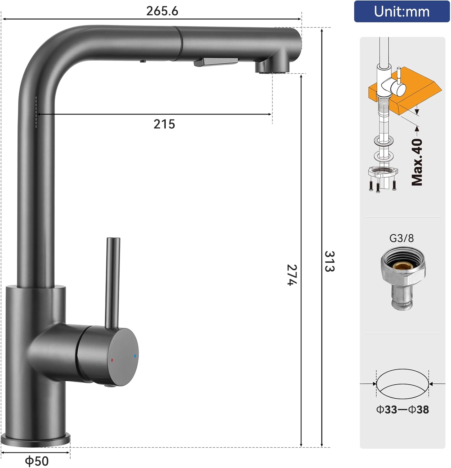 Thumbnail 3 de Sofetiy Küchenarmatur mit ausziehbarer Brause (2 Strahlarten) – Edelstahl 304, 360° drehbar, Gunmetal