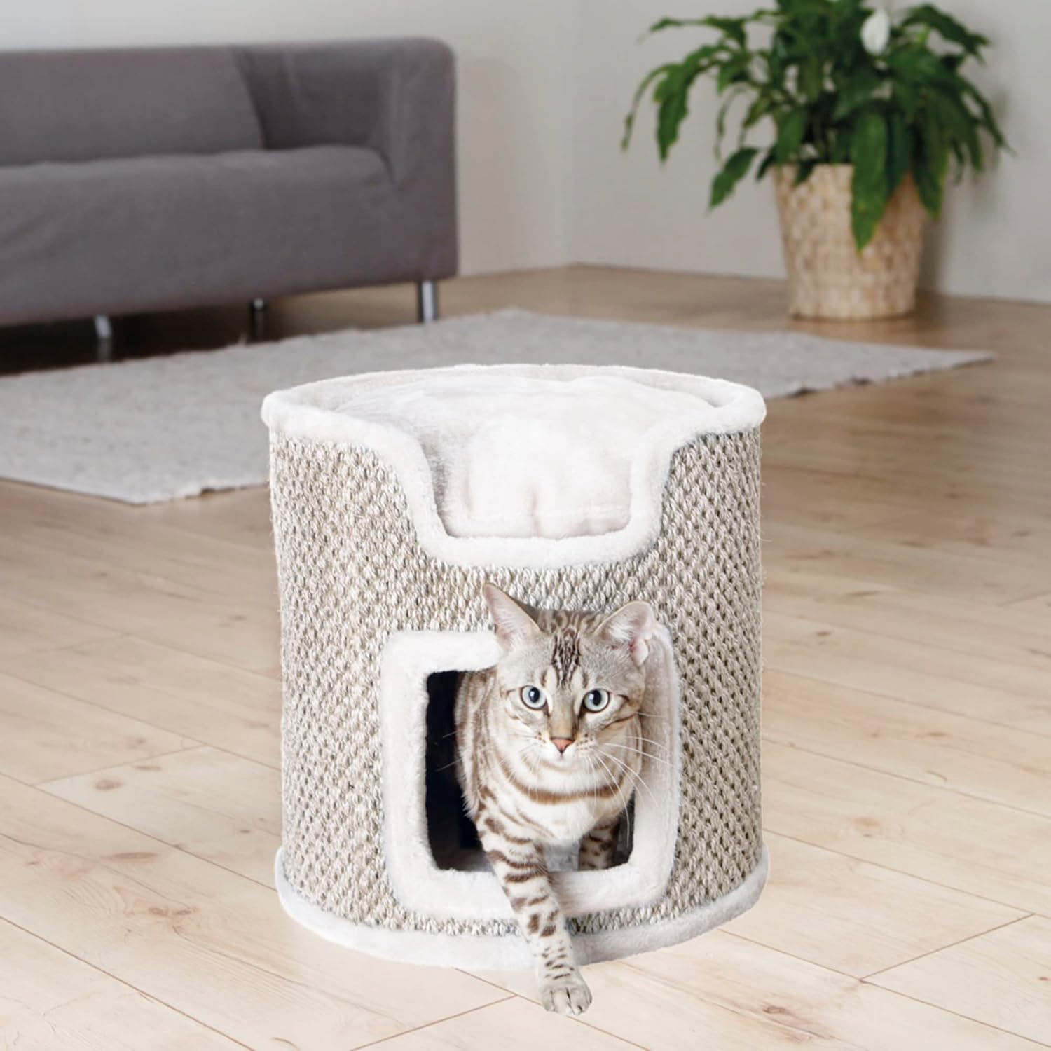 Detalle de TRIXIE Tower Ria kattenkrabmeubel 37 cm met sisal en pluche, lichtgrijs/naturel