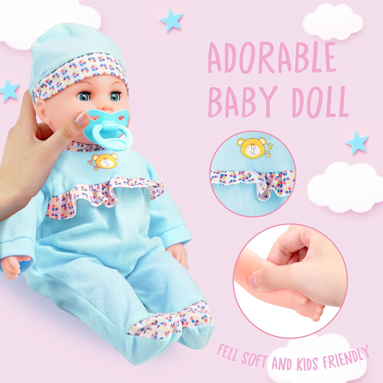 Detalle de Toy Choi's 16" Blue Talking Baby Doll – A Practical Mini Nurse or Caretaker Doll for Early Years