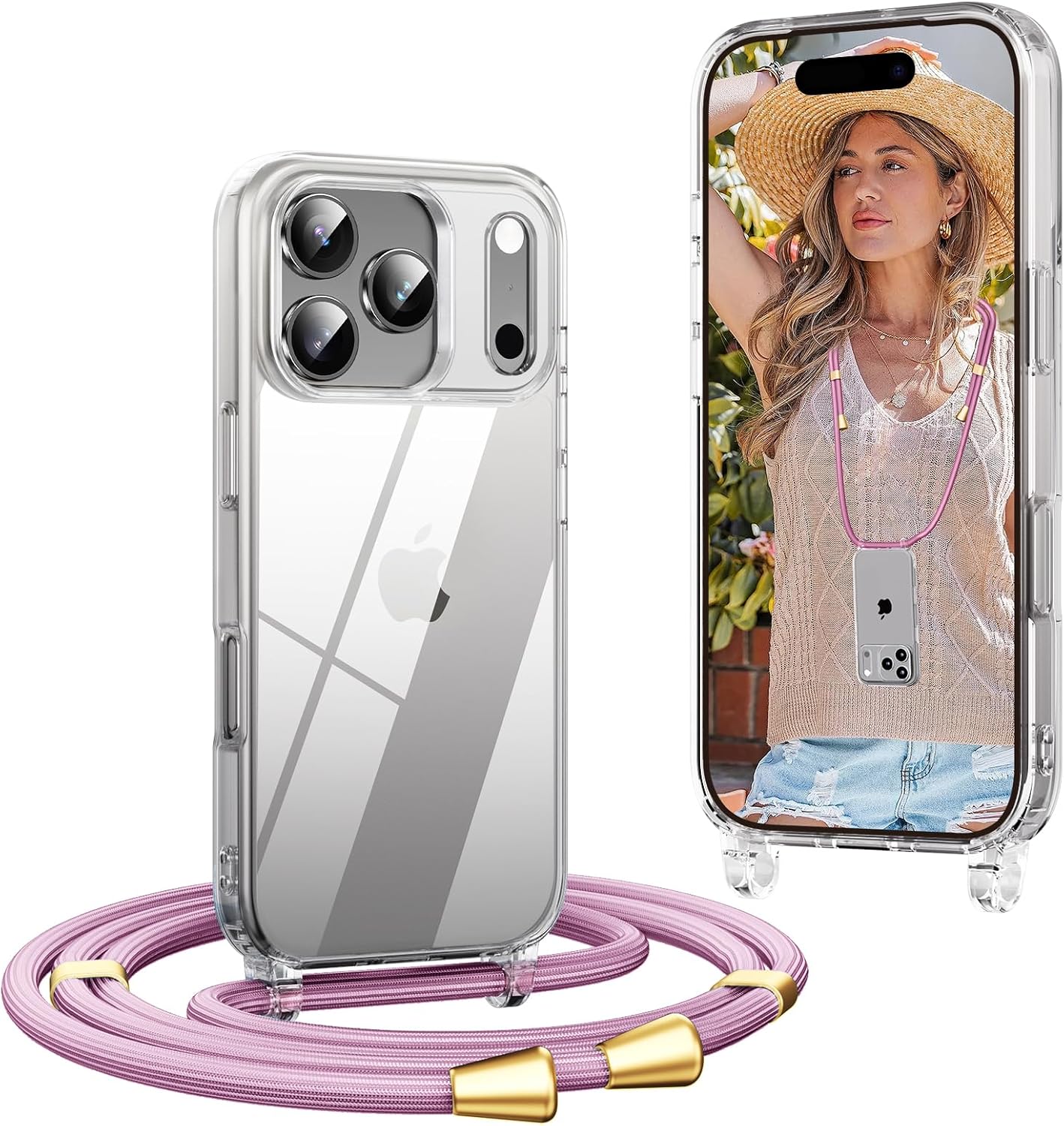 Detalle de OLEPHY Cover trasparente con cordino e tracolla per iPhone 17 Pro Max 6,9" (oro rosa) antiurto e anti-graffio