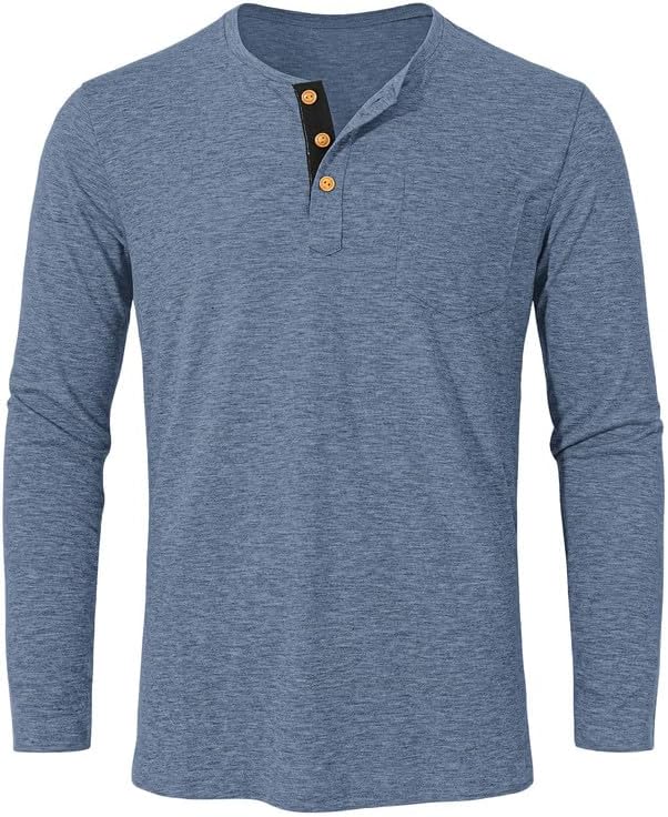 Detalle de TARAINYA Men’s Long-Sleeve Henley Shirt, Cotton-Stretch Blend, Chest Pocket