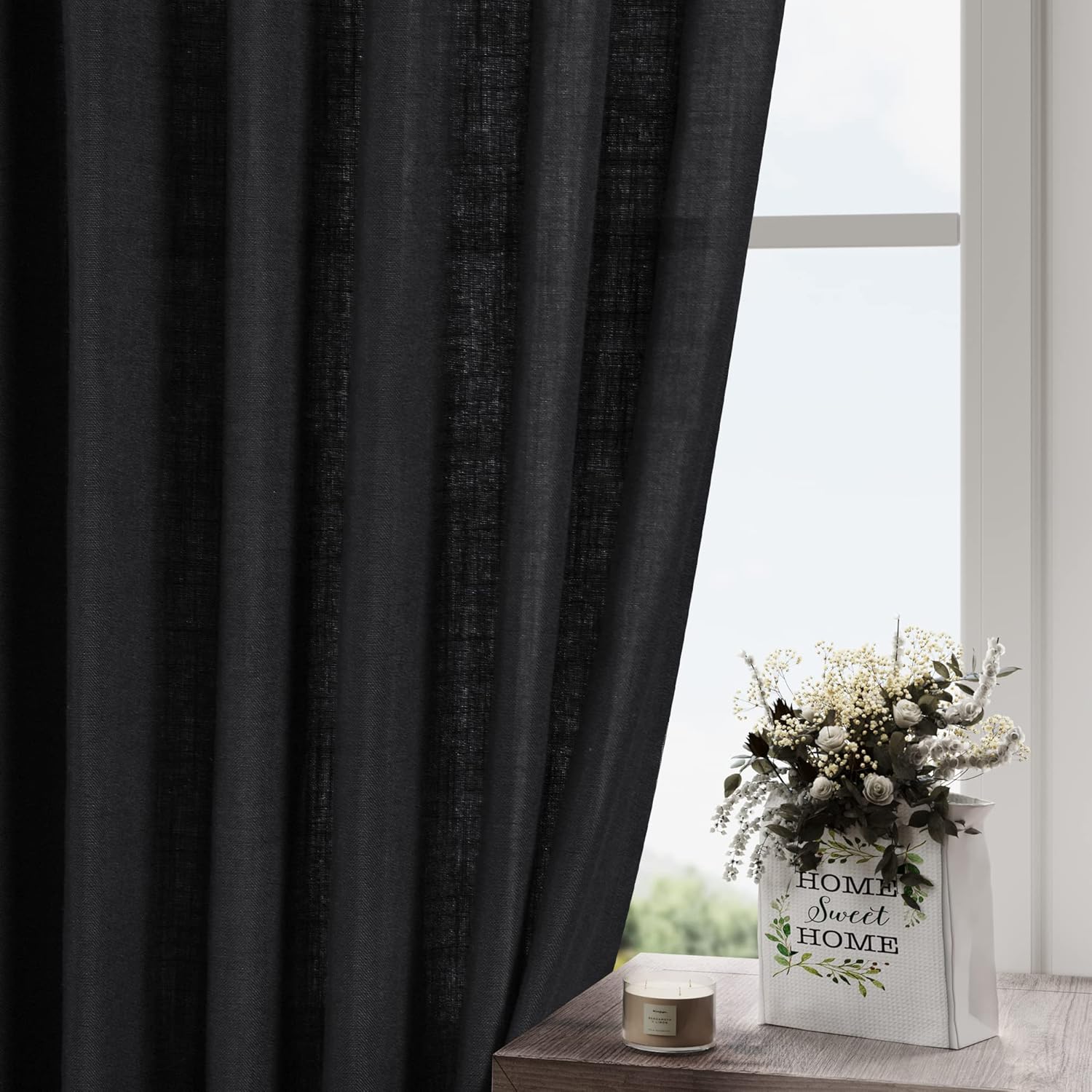 Thumbnail 4 de Black Linen Curtains 84 inches Long, 2 Panels – Back Tab, Light Filtering, Privacy, Linen Blend Gauze Drapes