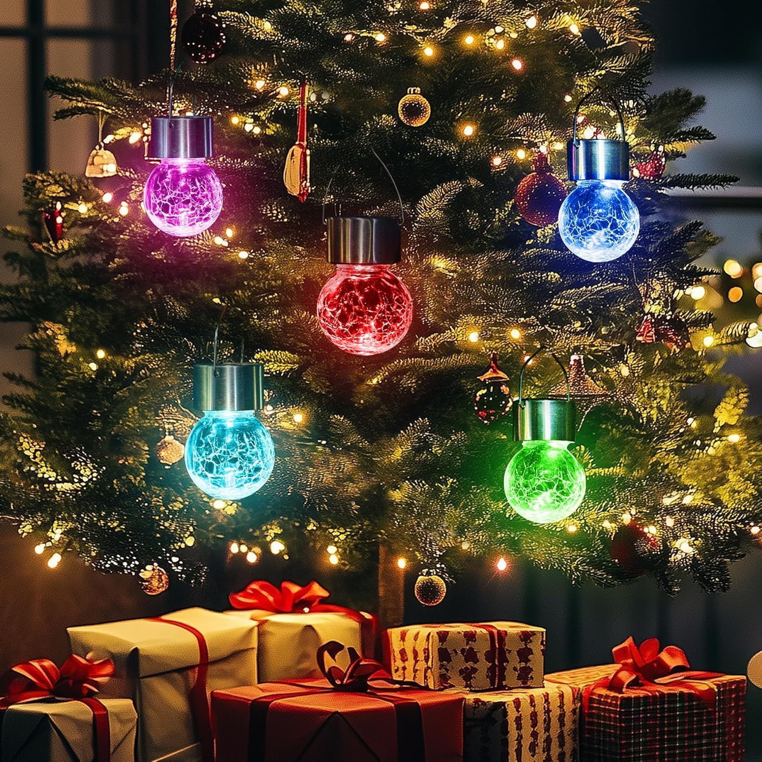 Thumbnail 4 de GIGALUMI 12 Pack Solar Outdoor Lights: Colour-Changing Crackled Glass Hanging Lanterns for Garden Decoration
