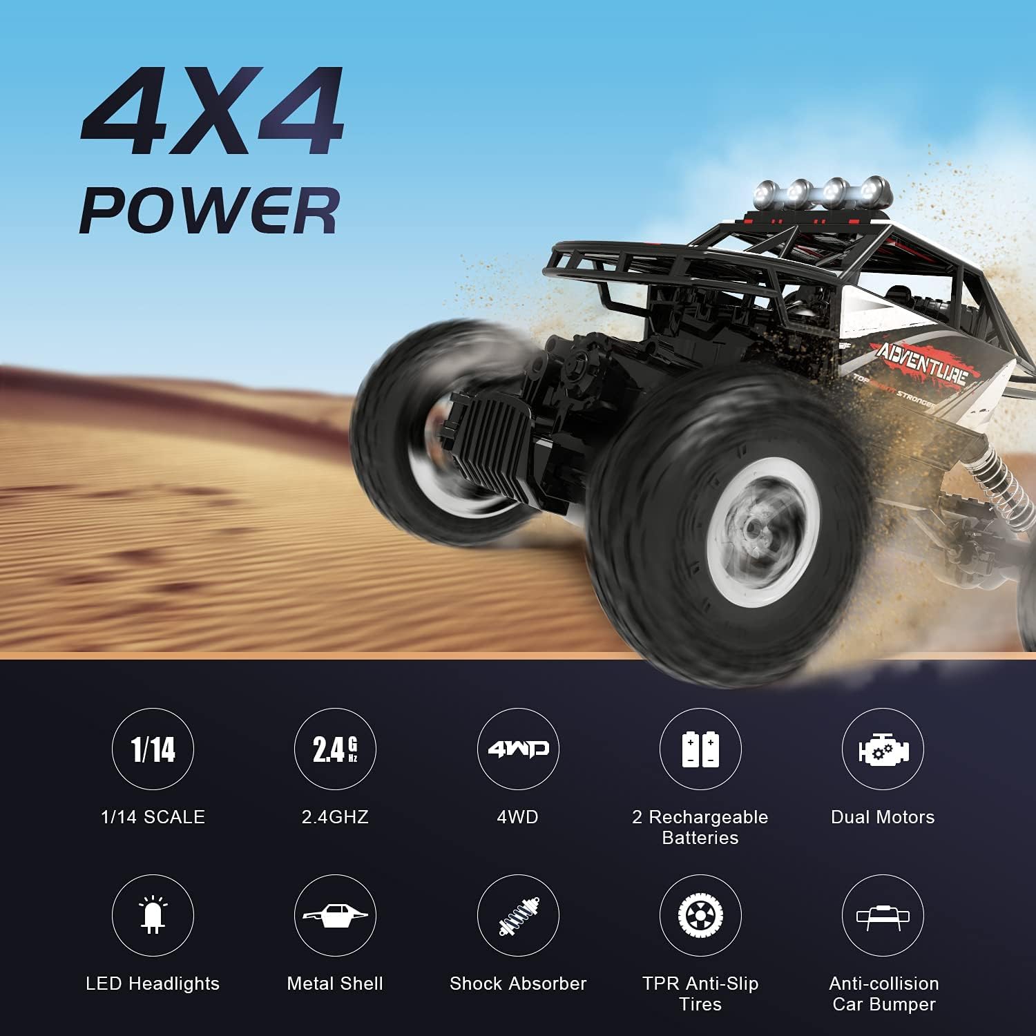 Detalle de DEERC 1:14 RC Monster Truck 4WD Rock Crawler (Metal Body, Dual Motors, 2.4GHz, LED) – With 2 Batteries