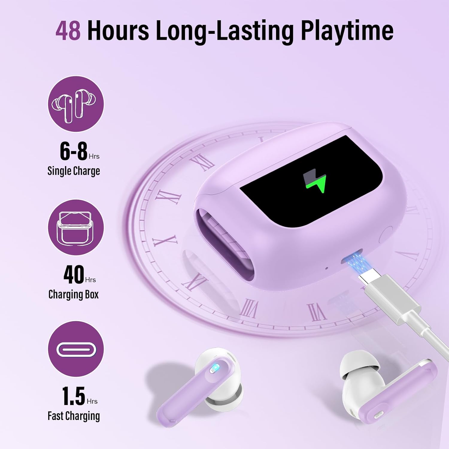 Thumbnail 4 de Touchscreen Bluetooth In-Ear-Kopfhörer mit ANC+ENC, 48 Std. Bass & IP7, Bluetooth 5.4 (USB‑C) – Lila
