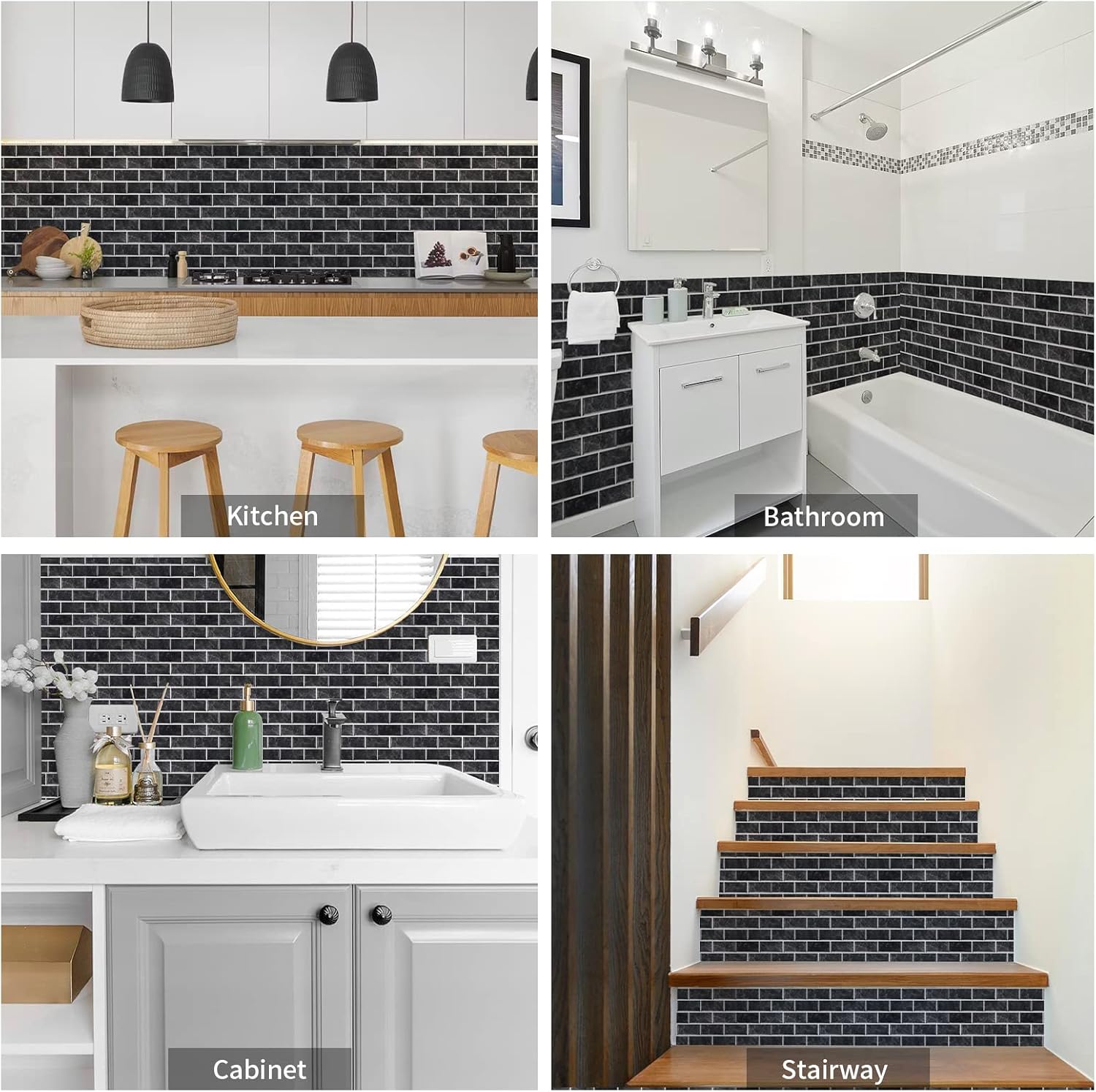 Thumbnail 6 de Fantasnight Black Tile Stickers (30x15cm, 12 pcs) – Peel and stick waterproof vinyl for bathroom & kitchen tiling