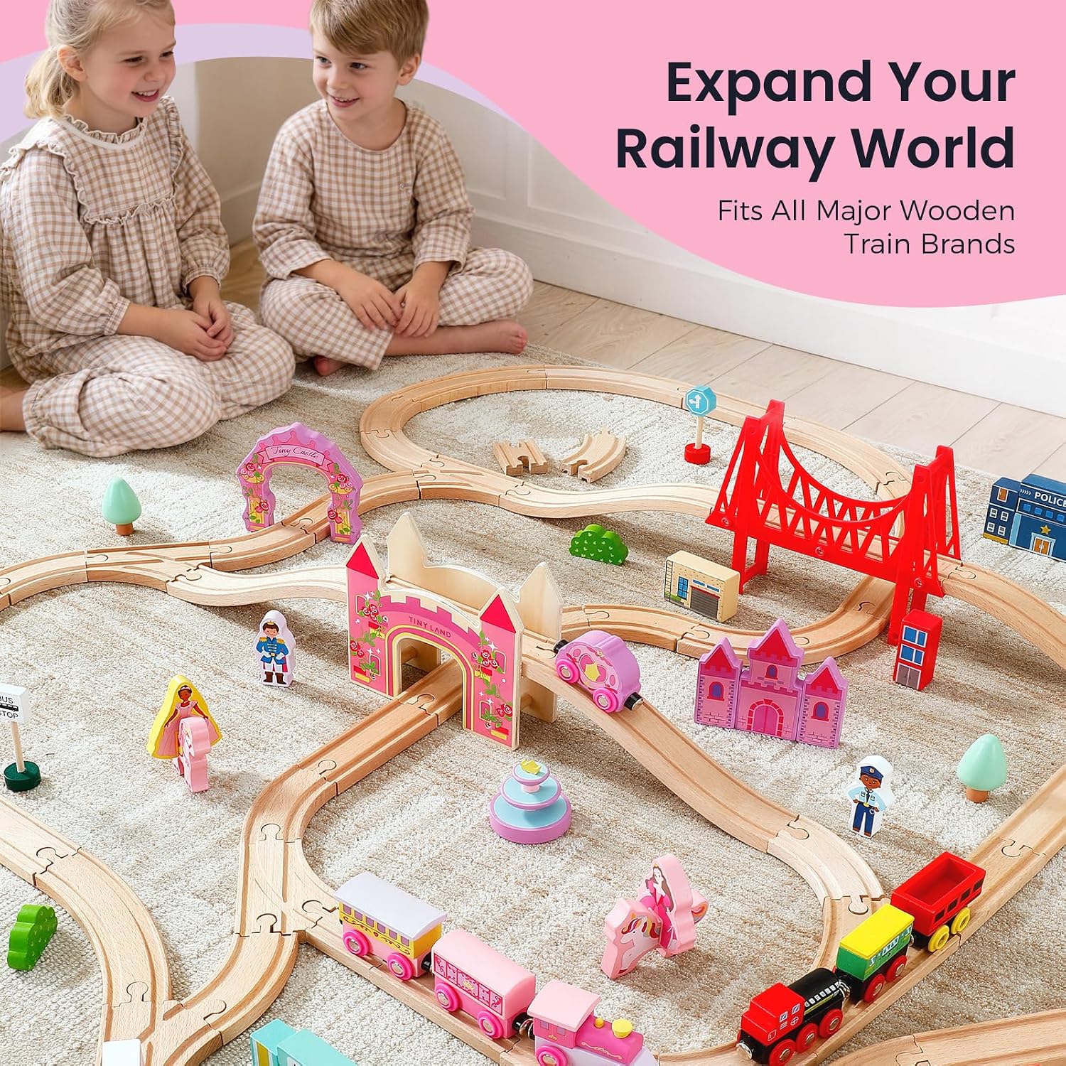 Thumbnail 5 de Tiny Land Unicorn Princess Wooden Train Set (38 Pieces) with Castle Bridge and Royal Accessories