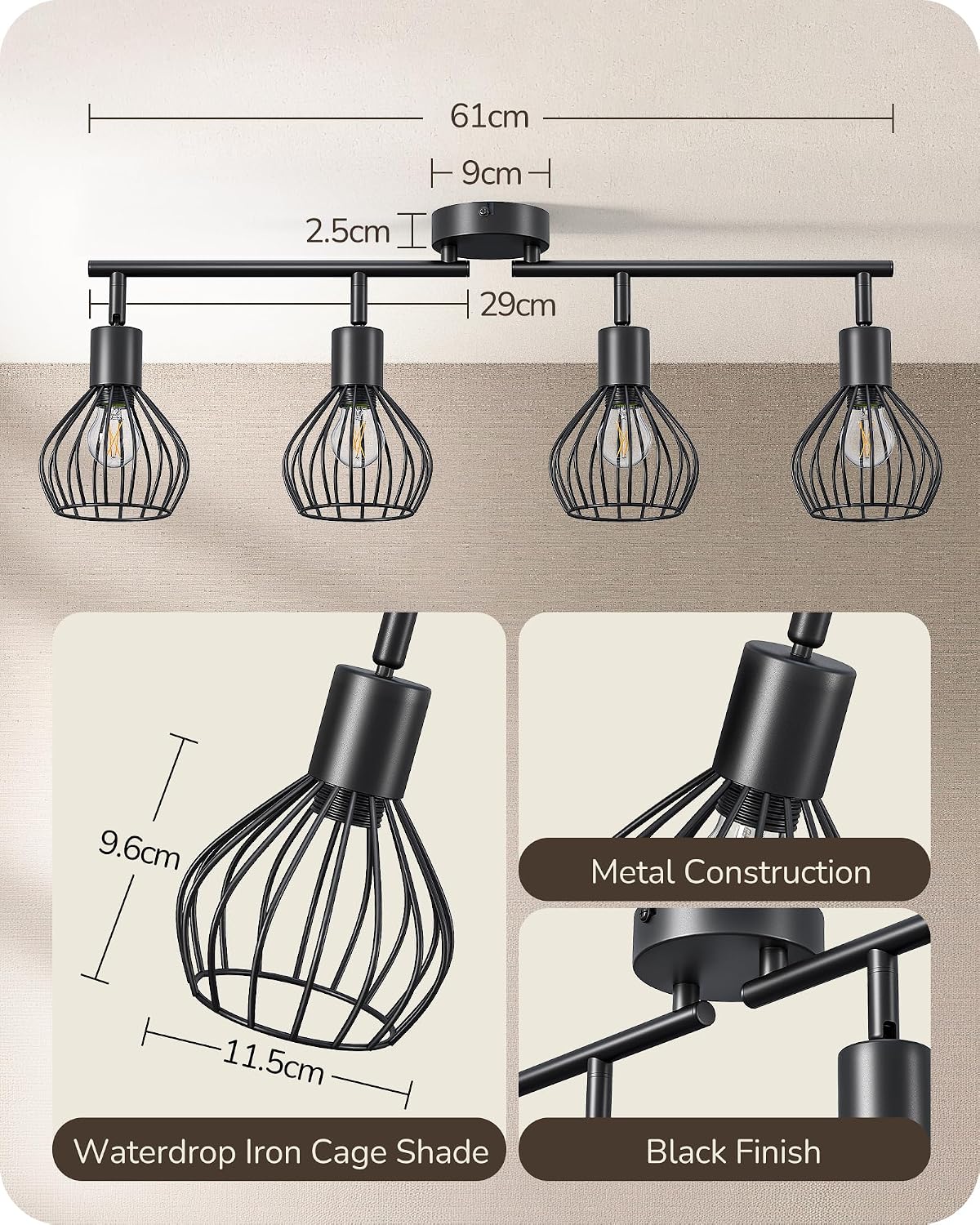 Detalle de EDISHINE 4 Way Spotlights Ceiling Lights with 4 E14 LEDs – 3000K, Black Iron Cage