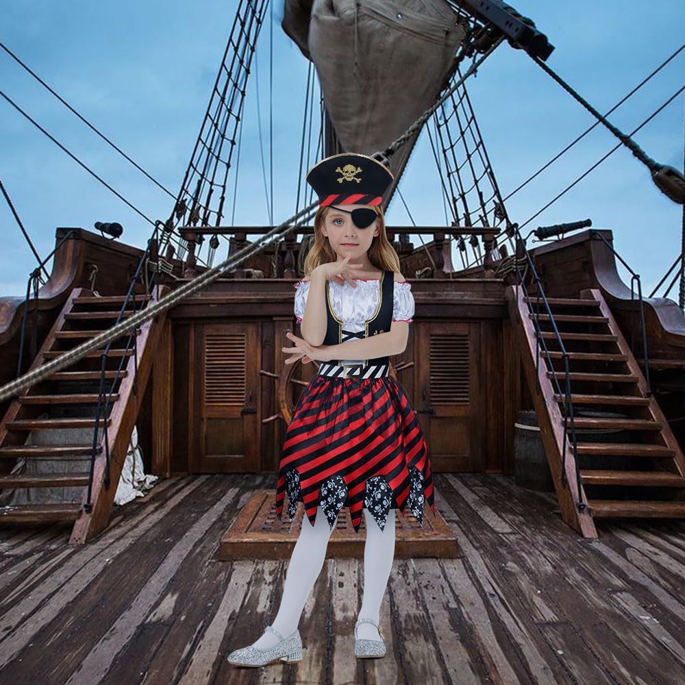 Detalle de Aomig Girls Pirate Costume 3 Pcs Set: Dress, Hat & Eye Patch for Kids