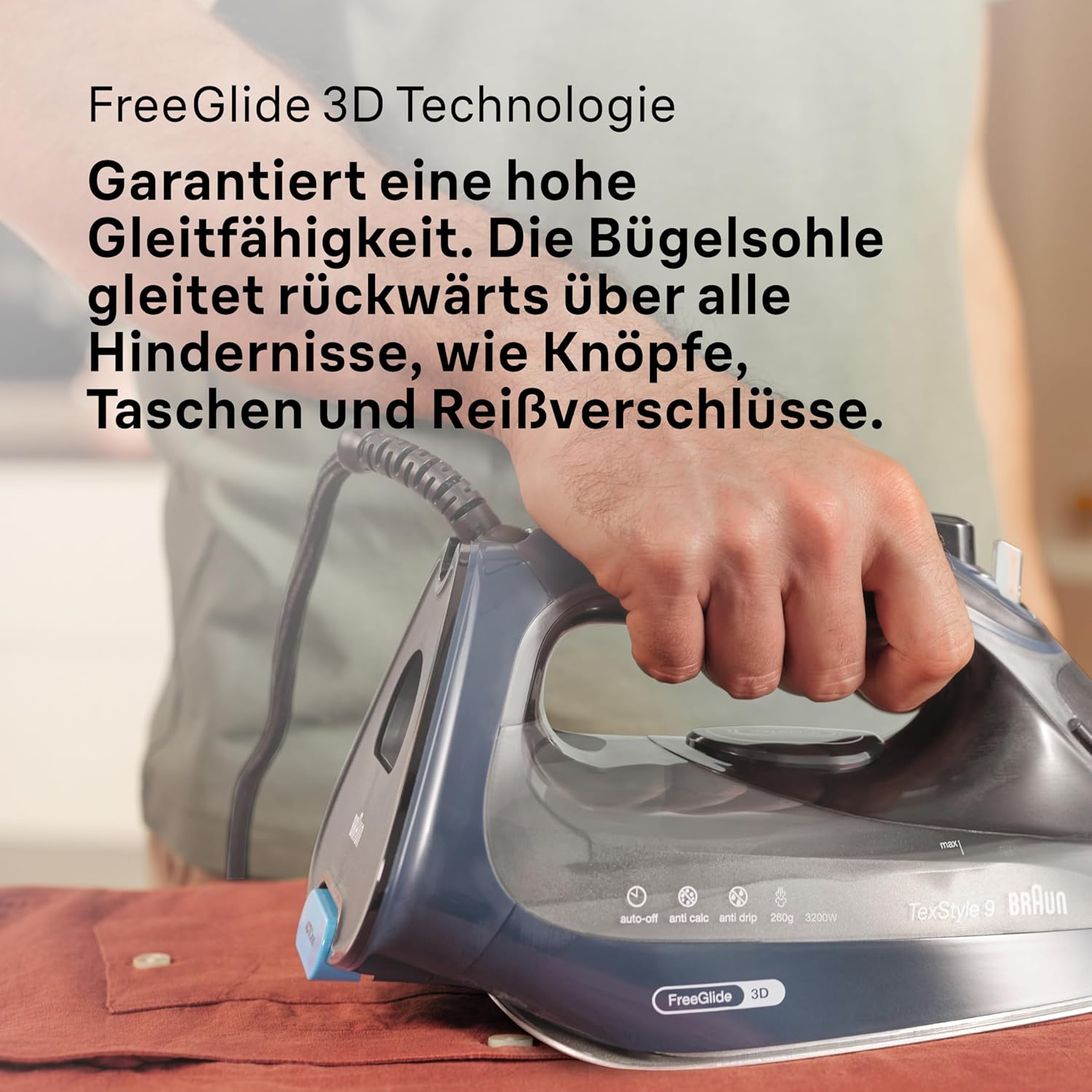 Detalle de Braun TexStyle 9 SI9682 DB Dampfbügeleisen mit FreeGlide 3D-Technologie – leistungsstark, vertikales Dampfen & iCare-Schutz