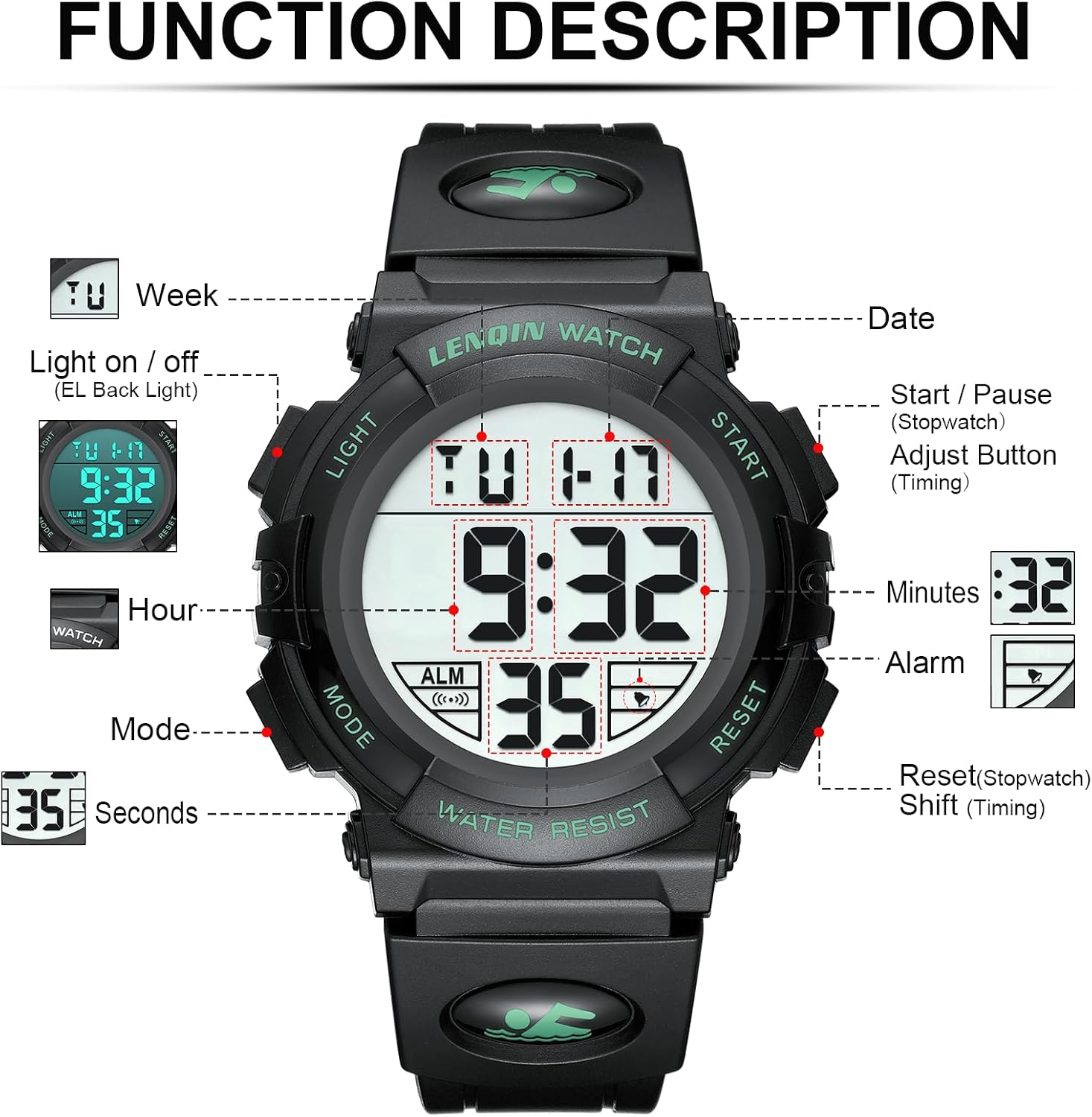 Detalle de LN LENQIN Digitale Herren-Uhr – 3ATM, Stoppuhr, Alarm, Kalender, LED-Hintergrundleuchte